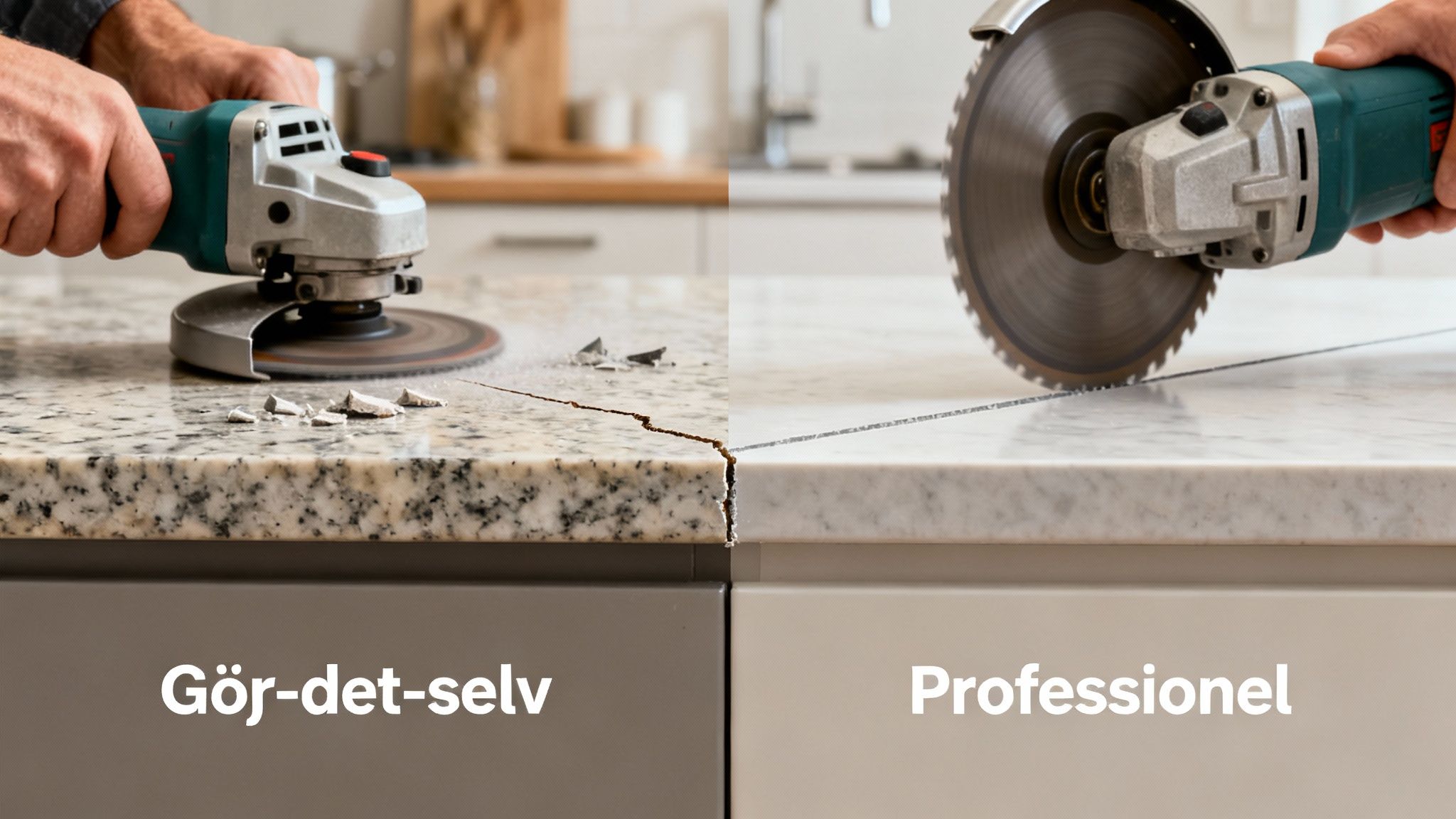 Kontrast mellem gør-det-selv og professionel stenskæring: en ødelagt granitplade mod et rent snit.
