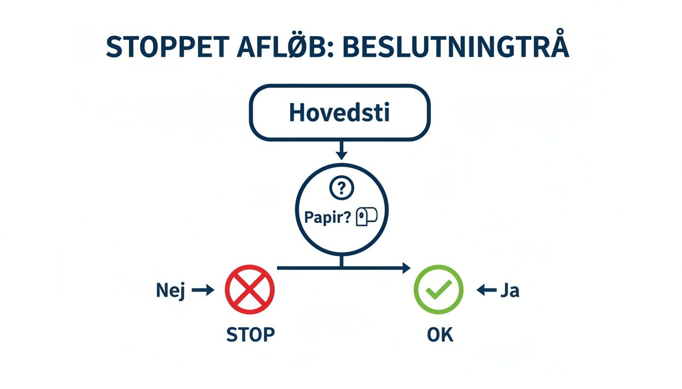 Flowchart for stoppet afløb. Beslutningstrå om papir: Ja til OK, Nej til STOP.