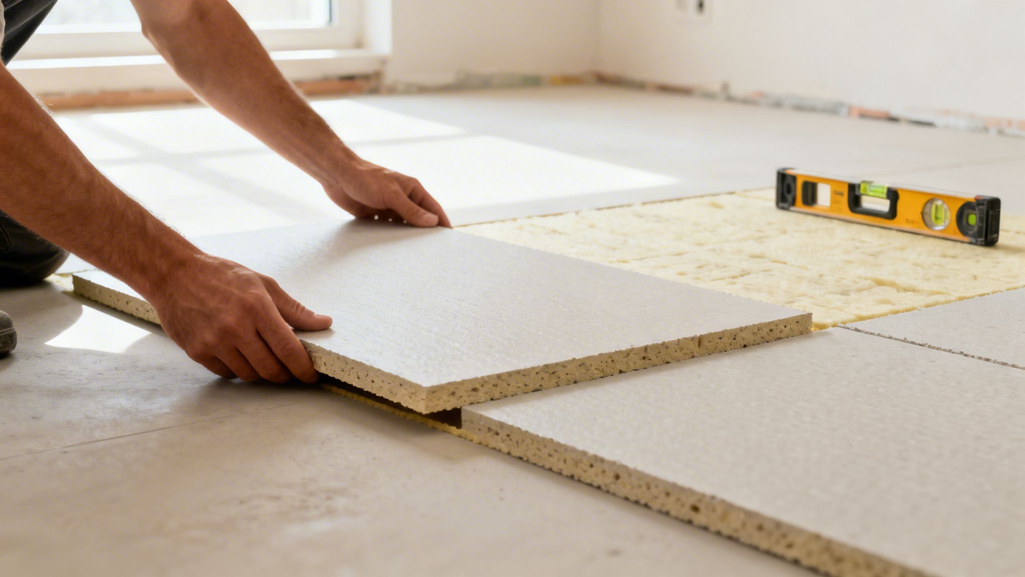 En person lægger isoleringsplader til gulvvarme på et gulv med gulvisolering og vaterpas.