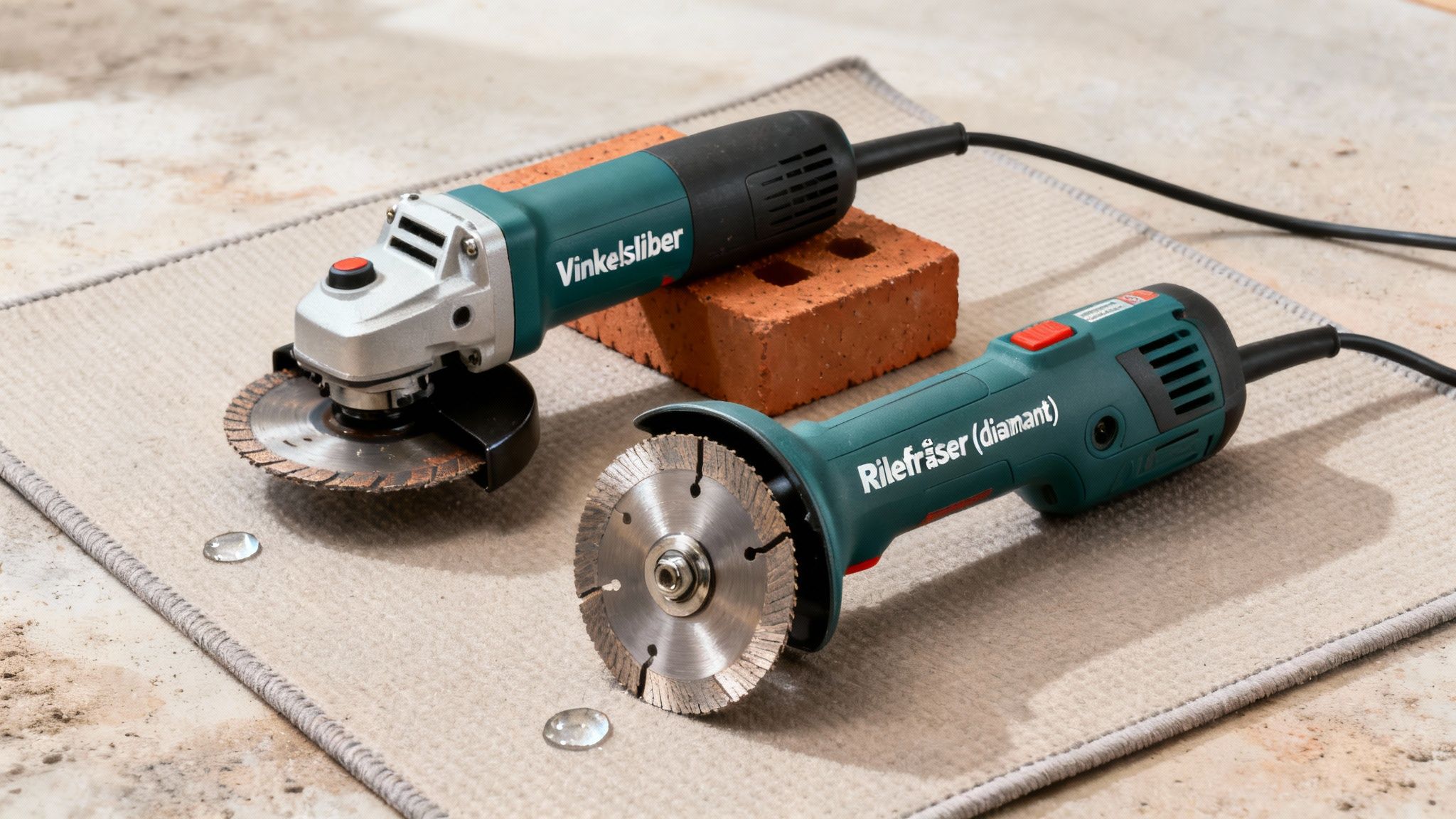 To elværktøjer, en vinkelsliber og en rillefræser, med diamantklinger, ligger klar til murværksarbejde.
