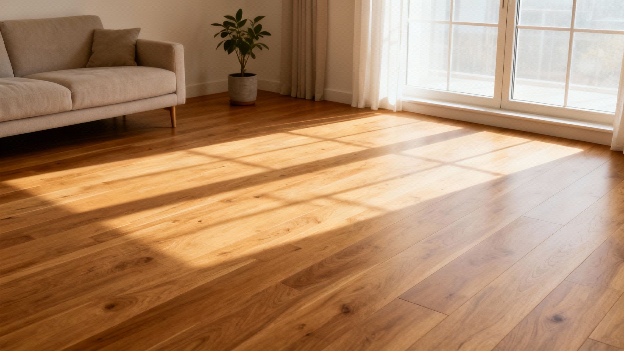 Lyst rum med lyst trægulv, beige sofa, potteplante og vindue med sollys og skygger.