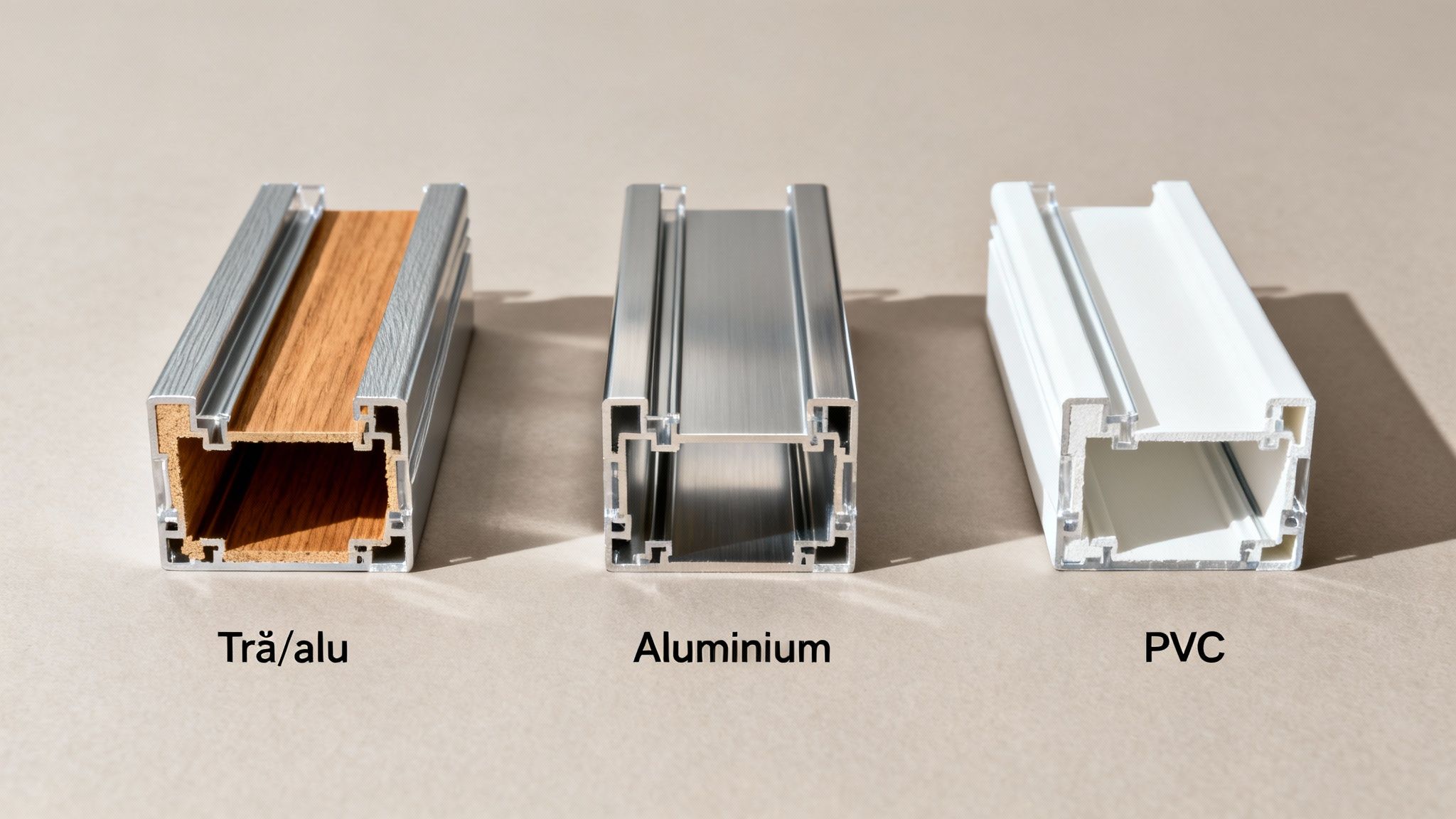 Tre tværsnit af vinduesprofiler: træ/alu, aluminium og PVC, vist side om side for at sammenligne materialer.