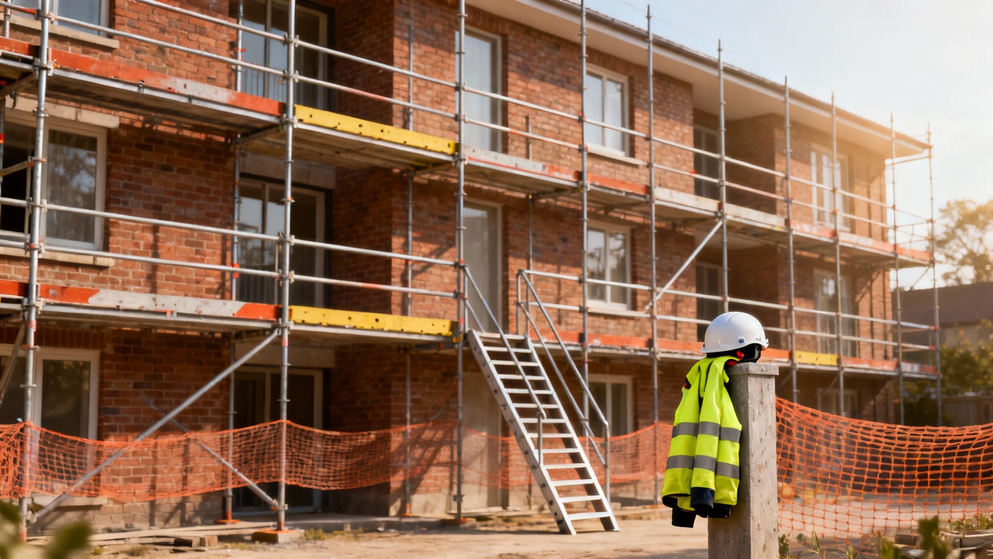 Byggeplads med stillads, sikkerhedshjelm og advarselsvest på en solrig dag.