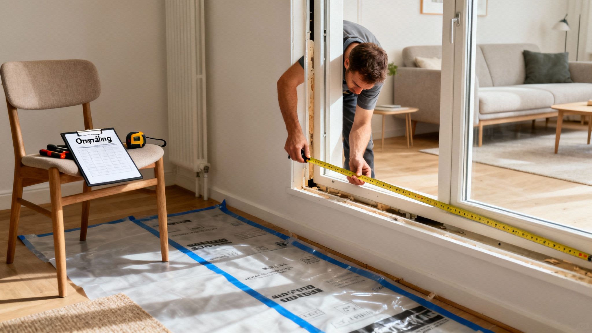 Mand måler vinduesramme under udskiftning af vinduer i hjemmet, med værktøj og tjekliste klar.