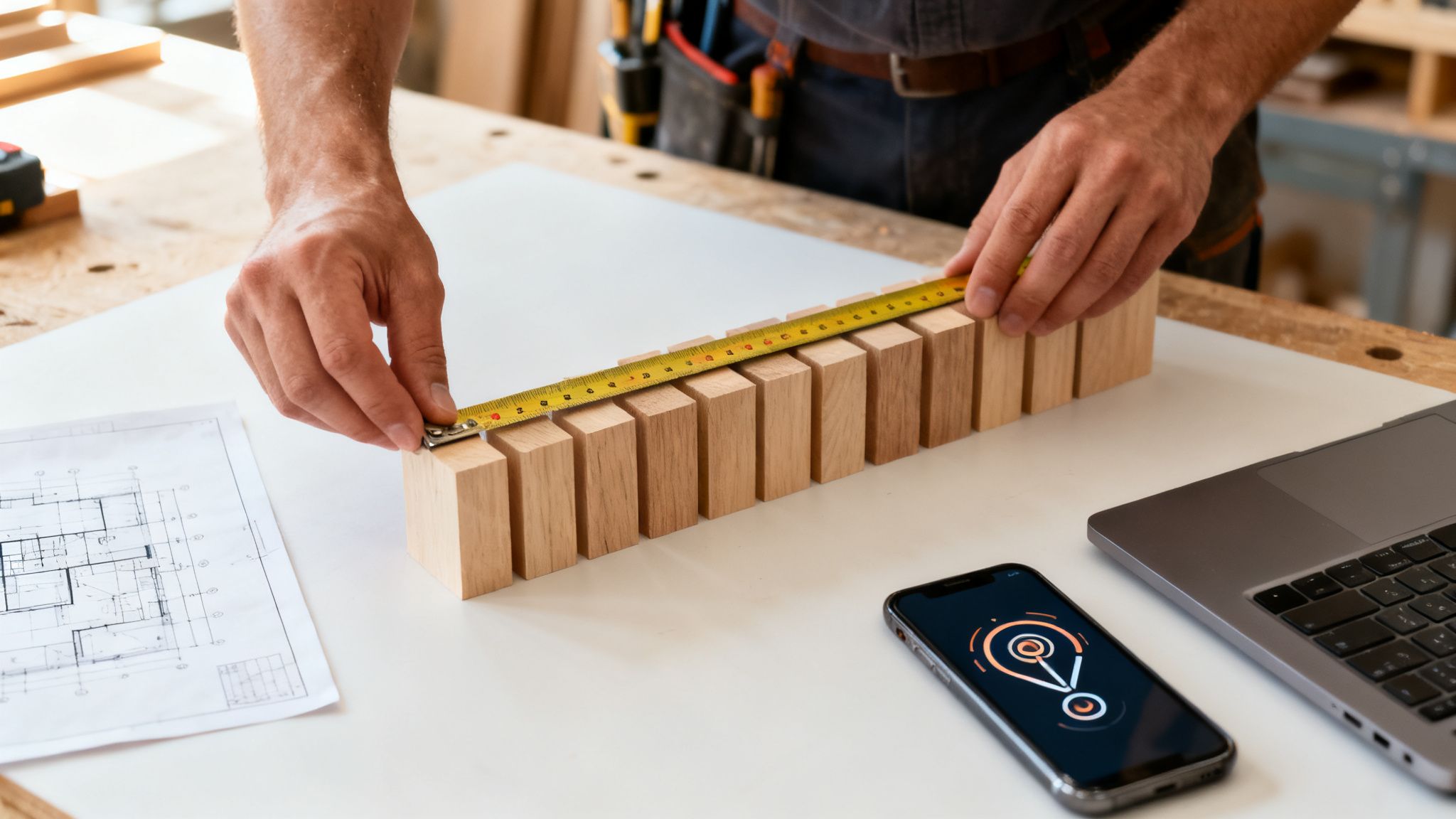 En person måler træklodser med et målebånd på et arbejdsbord. Tegninger, laptop og en smartphone er også synlige.