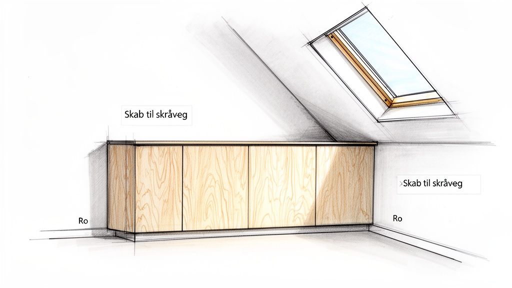 Detaljeret skitse af et elegant træskab, der passer perfekt under en skråvæg med et ovenlysvindue.