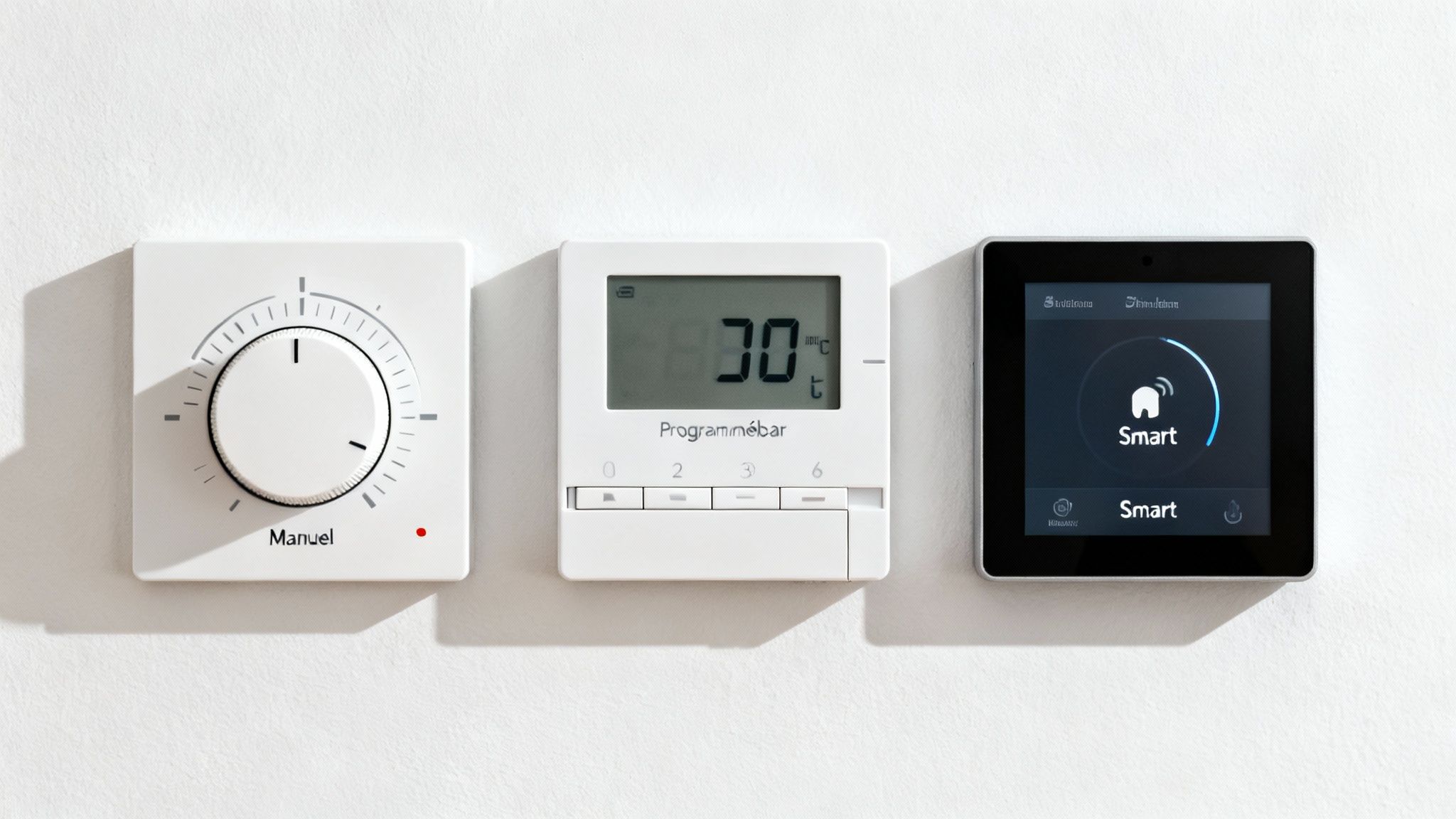 Tre termostater, herunder en manuel drejeknap, en digital og en smartskærm, monteret på en hvid væg.