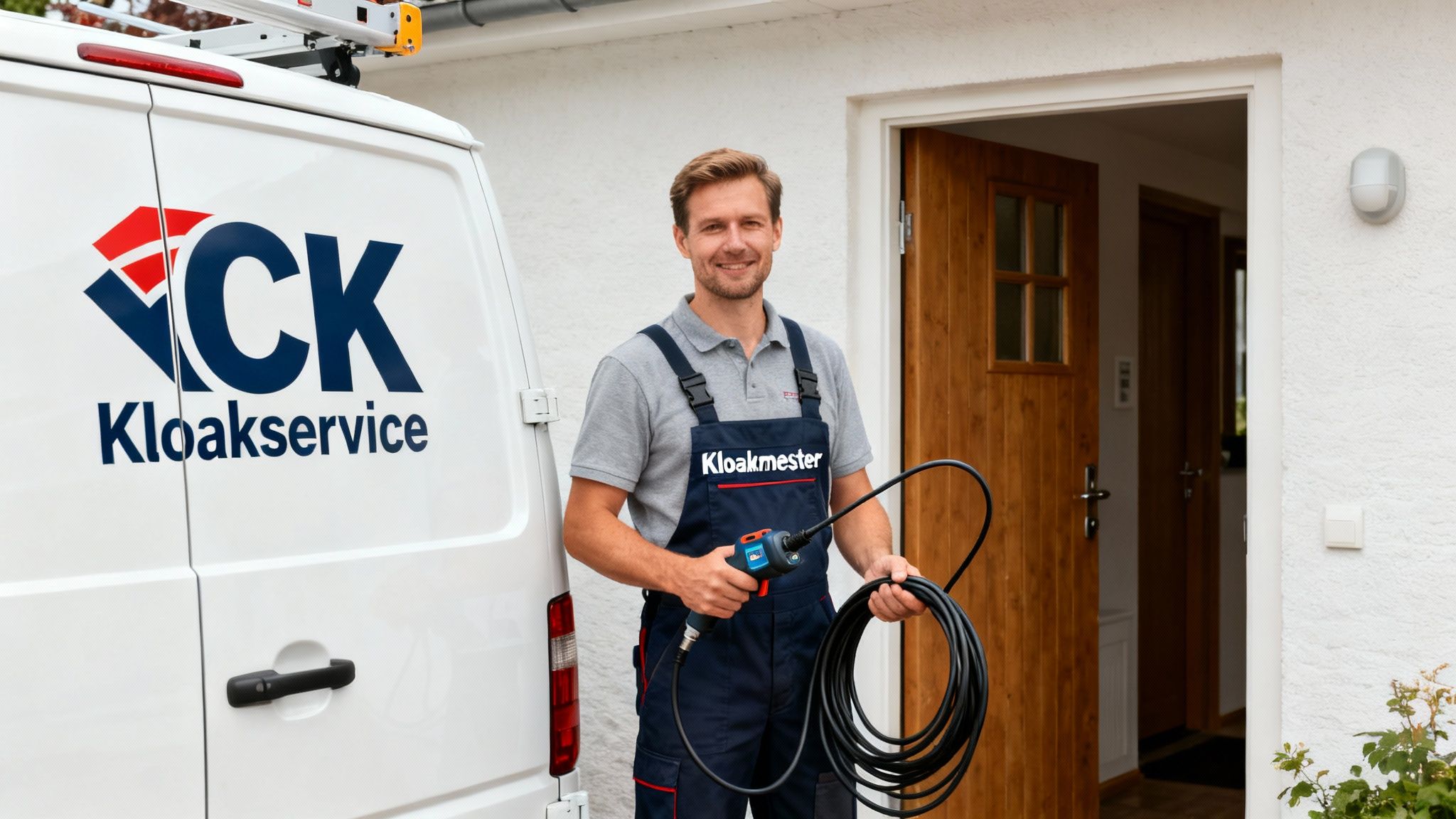 En smilende kloakmester i arbejdstøj holder et kloakrenseværktøj foran en servicevogn fra VCK Kloakservice.