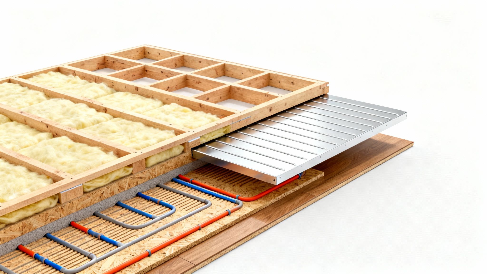 Detaljeret tværsnit af gulvkonstruktion med gulvvarme, isolering, træbjælker og spånplader.