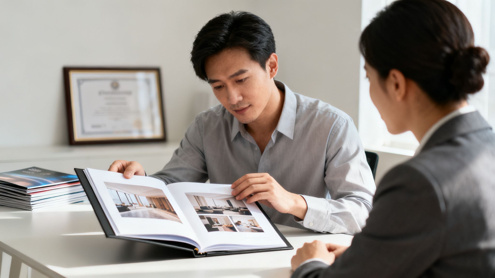 En mand og en kvinde gennemgår en brochure med boligbilleder ved et bord. Manden peger på billeder af indretning.