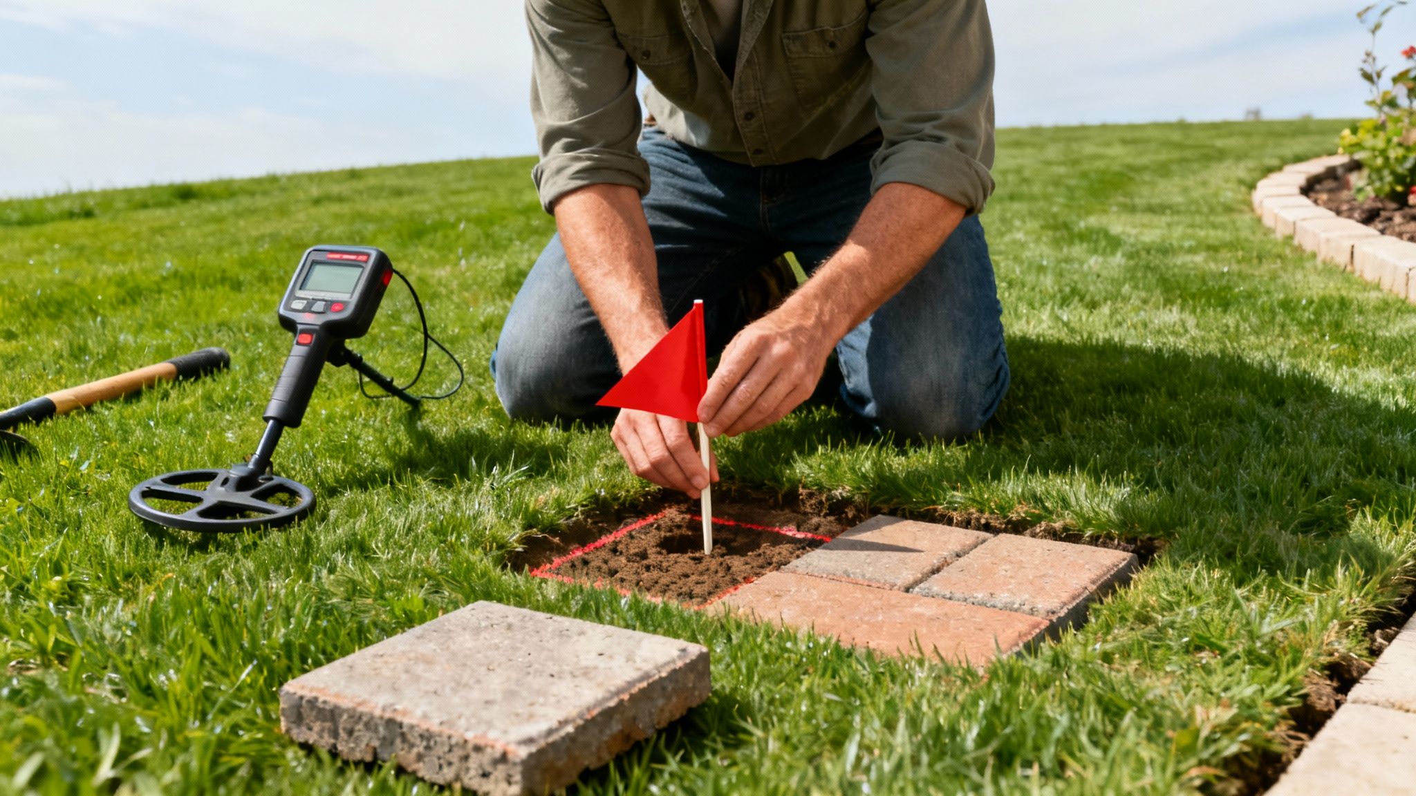 Person markerer underjordisk olietank med rødt flag efter scanning med metaldetektor i græsplæne