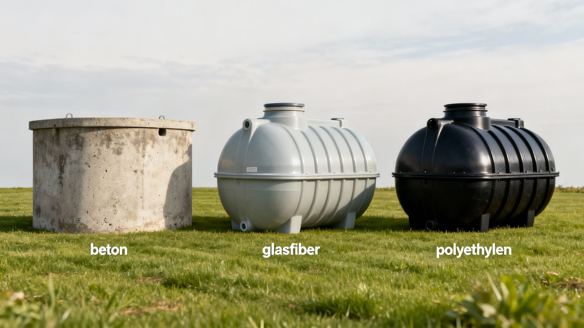 Tre forskellige septiktanke: en af beton, en af glasfiber og en af polyethylen på en græsplæne.