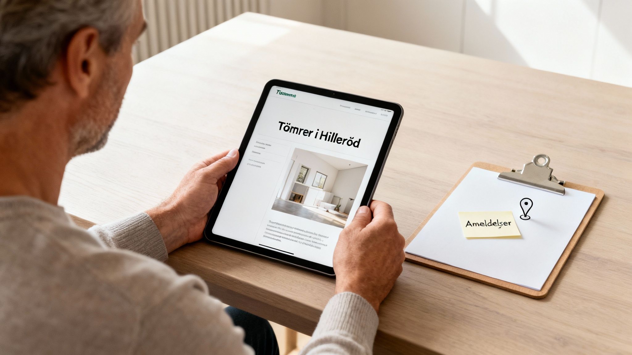 Mand holder en tablet med en webside om tømrere i Hillerød, med en udklipsholder ved siden af.