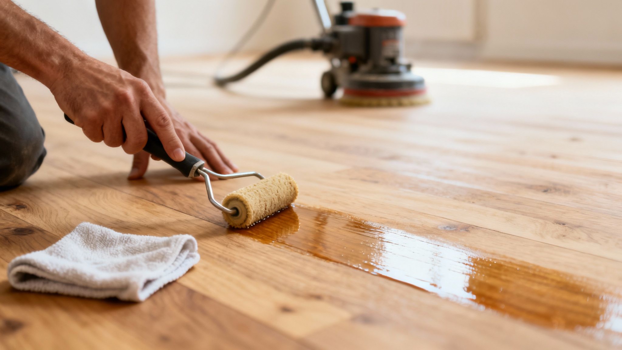 En person påfører olie til et trægulv med en rulle, mens en gulvsliber er i baggrunden.