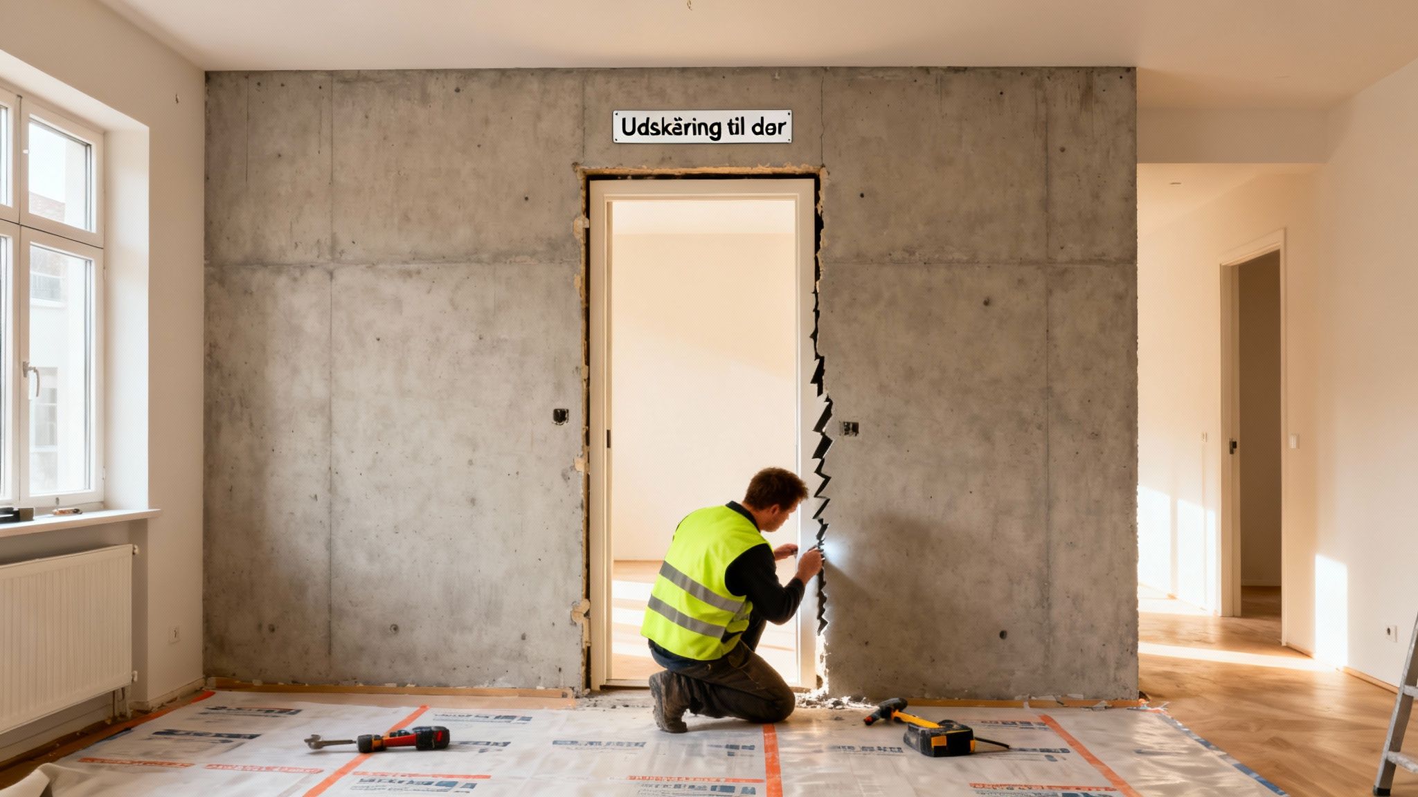 En bygningsarbejder i sikkerhedsvest arbejder på at udskære en døråbning i en rå betonvæg.