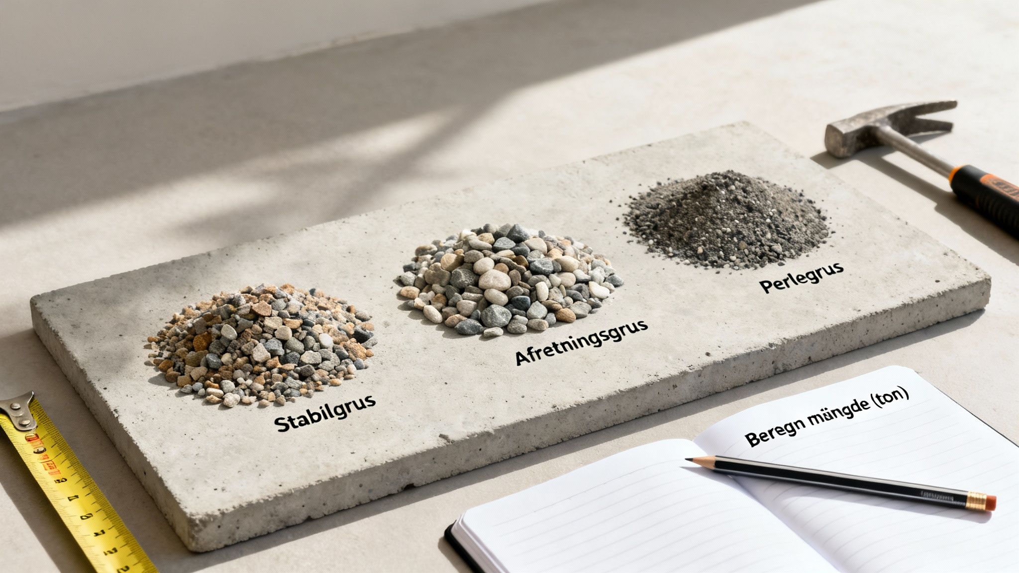Forskellige typer grus (stabilgrus, afretningsgrus, perlegrus) på betonplade med værktøj og notesbog.