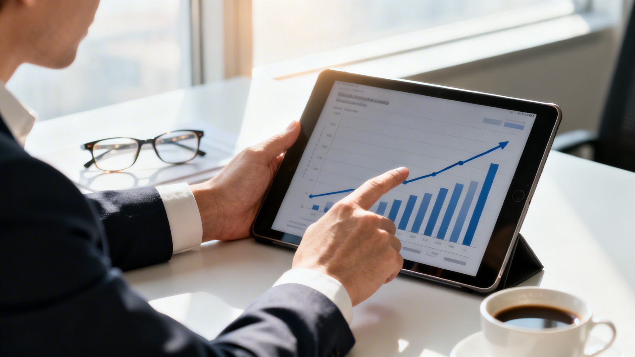 Nærbillede af en forretningsperson, der analyserer finansielle data og grafer på en tablet for at optimere resultater.