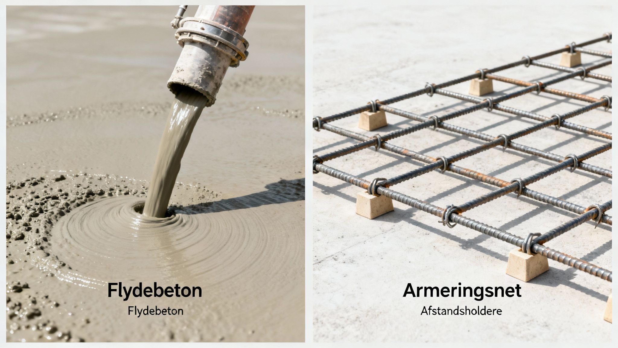 Billedet viser flydende beton, der hældes ud af et rør, og et armeringsnet med afstandsholdere.