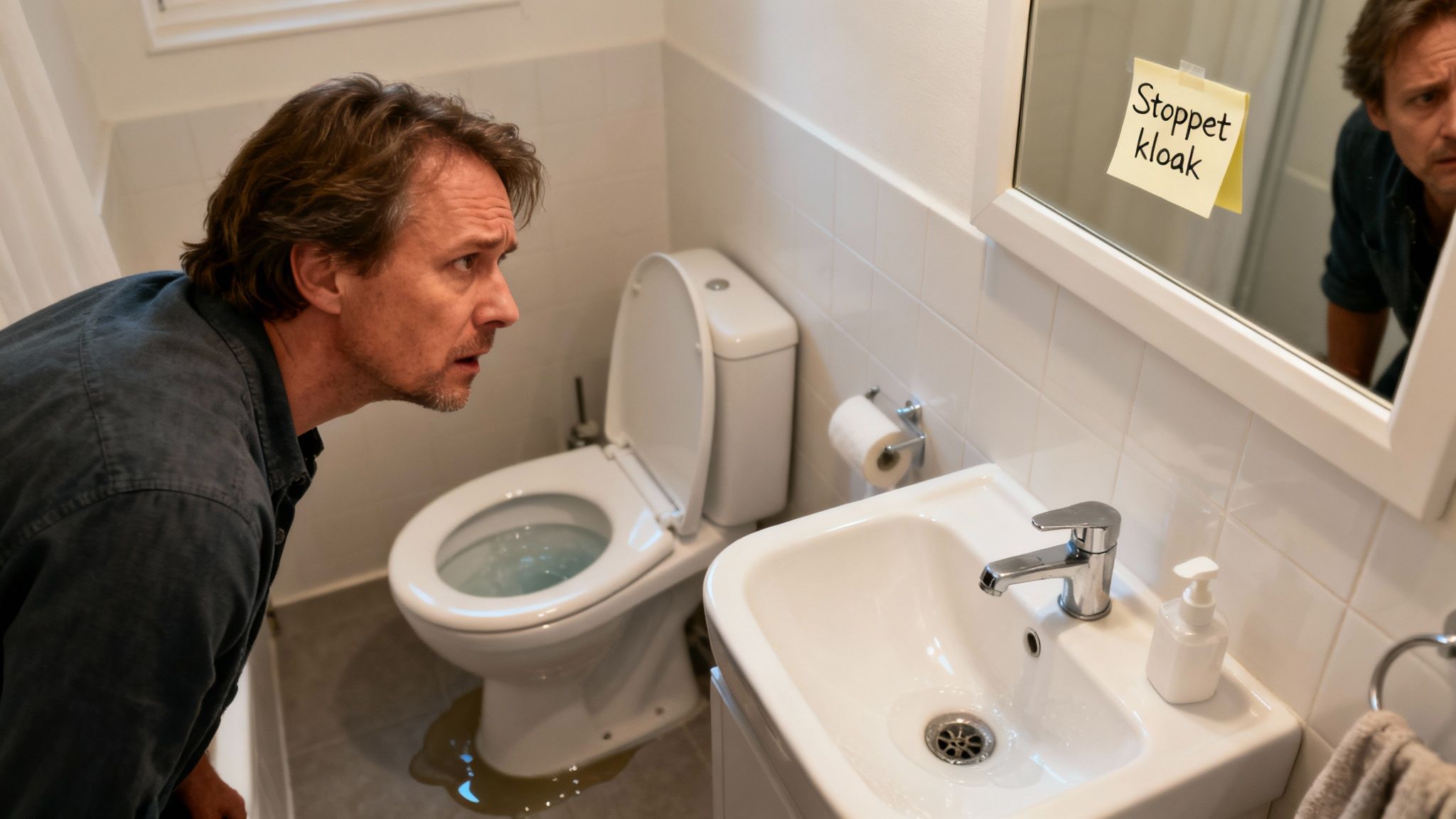 Mand kigger chokeret på et overløbende toilet med vand på gulvet. En note siger 'Stoppet kloak'.