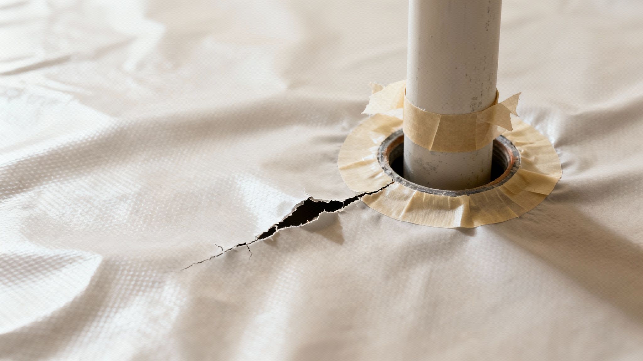 Hvid fugtspærre med en revne omkring et rør, fastgjort med tape til gulvforberedelse.