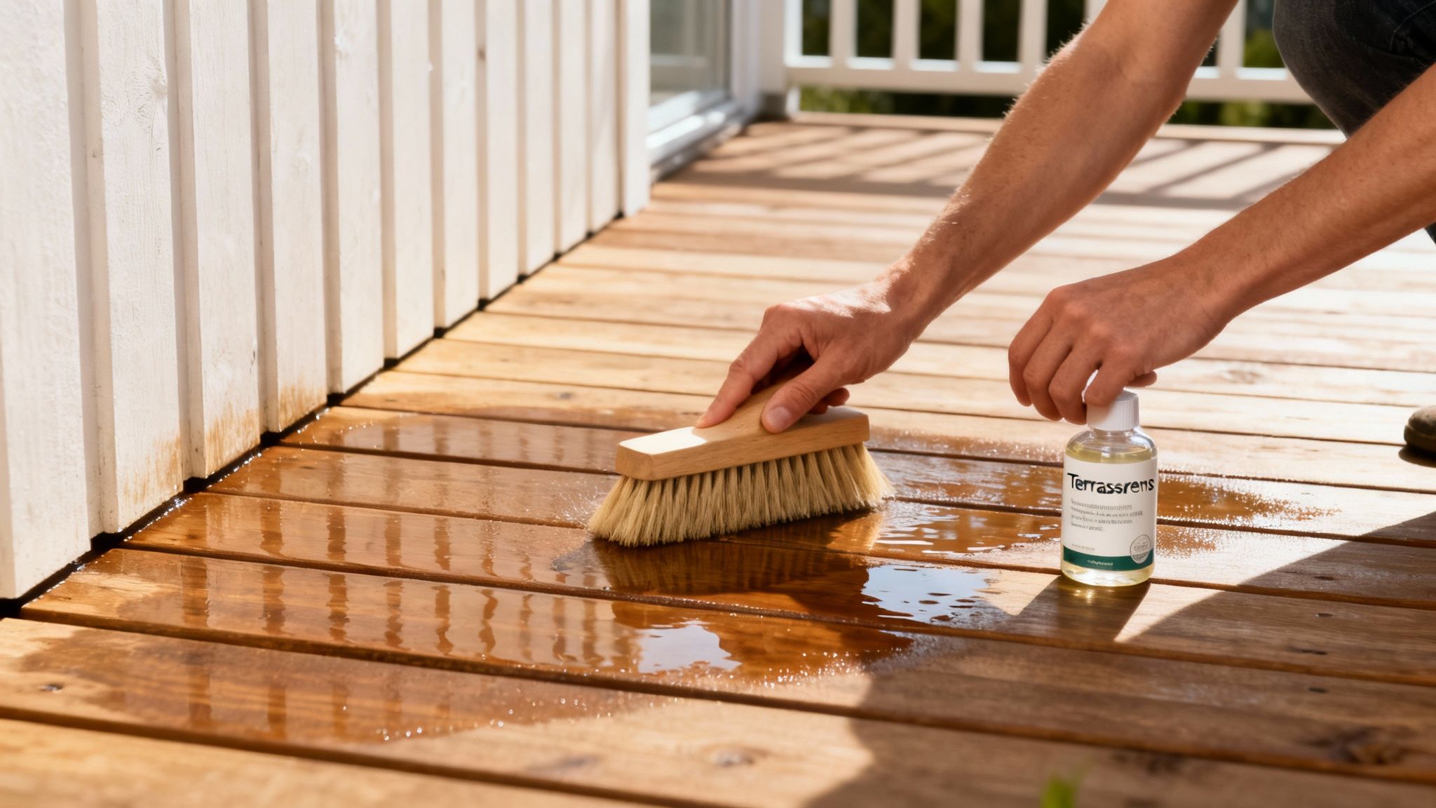 Hænder rengør en våd træterrasse med en træbørste og flaske terrasserens i solskin.