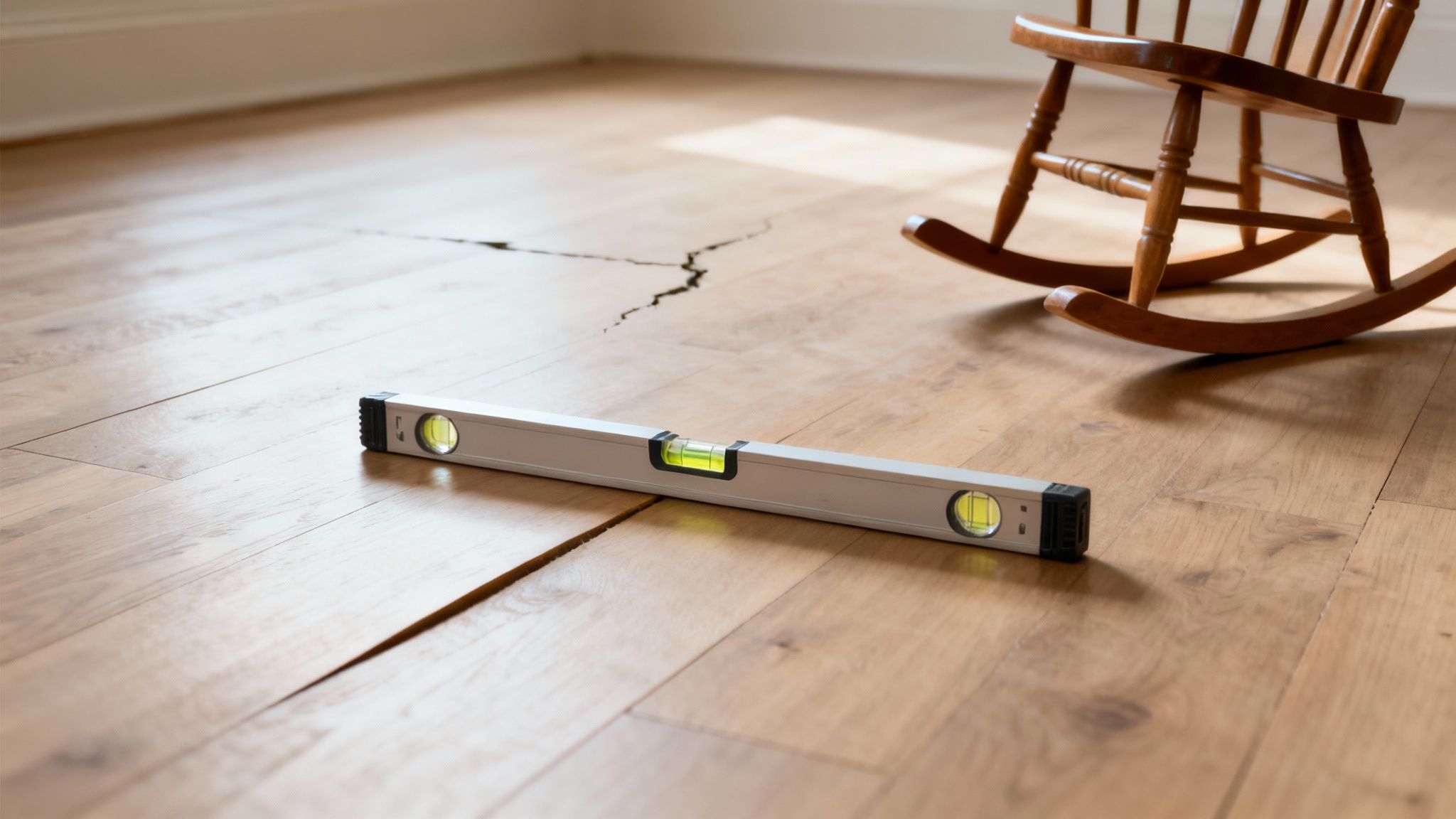 Et vaterpas viser et ujævnt trægulv med en lang revne og en gyngestol i sollys.