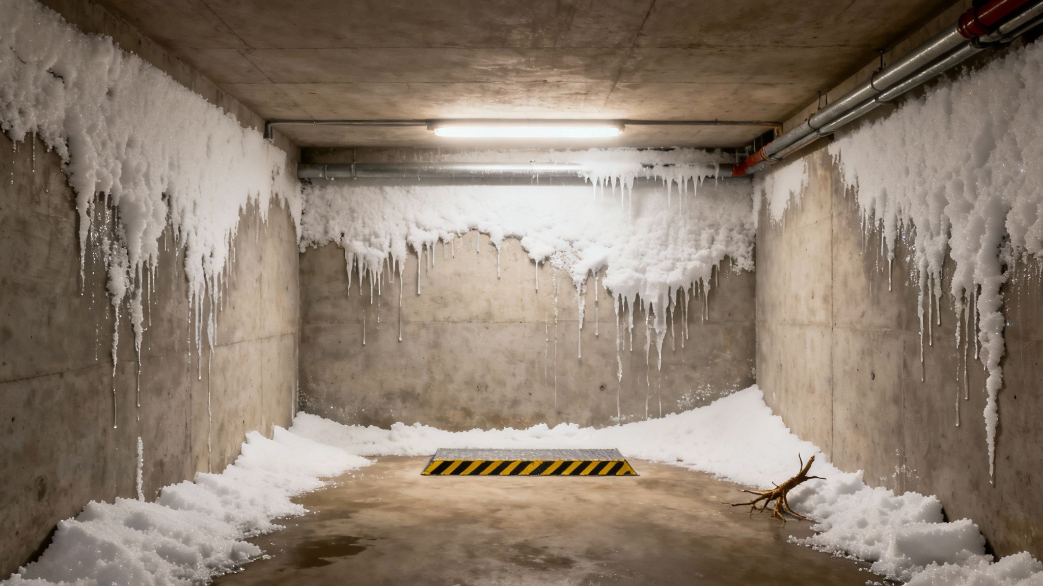 En konkret kælder fyldt med sne og istapper, med en gult-og-sort stribe rampe i midten.