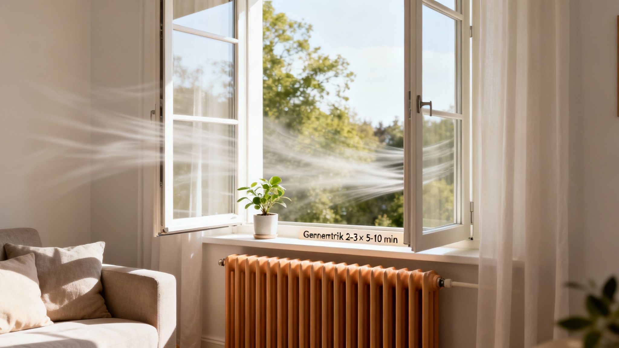 Et åbent vindue lader frisk luft strømme ind, en radiator og plante på vindueskarmen, der viser korrekt udluftning.