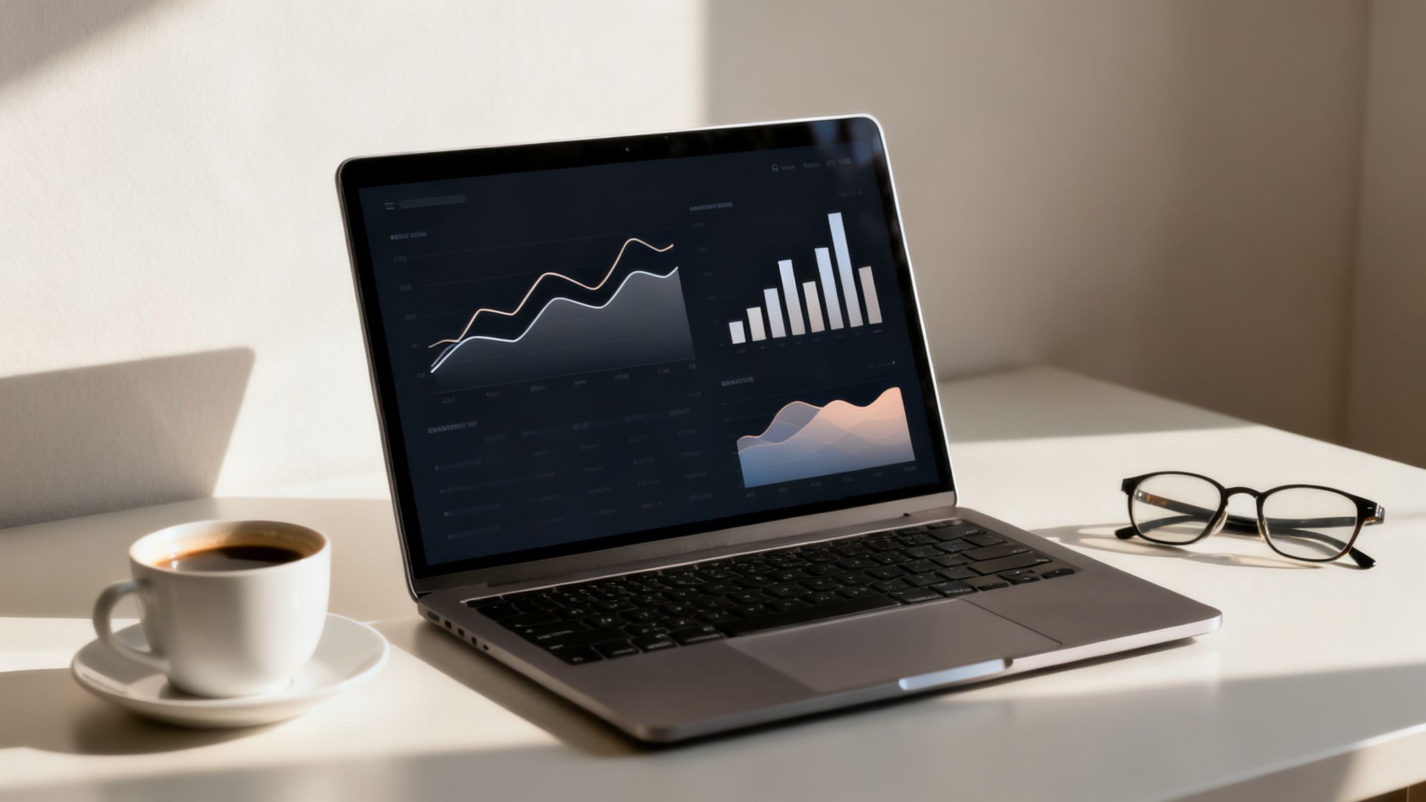 Bærbar computer med grafer, kaffekop og briller på et skrivebord i et lyst arbejdsmiljø.