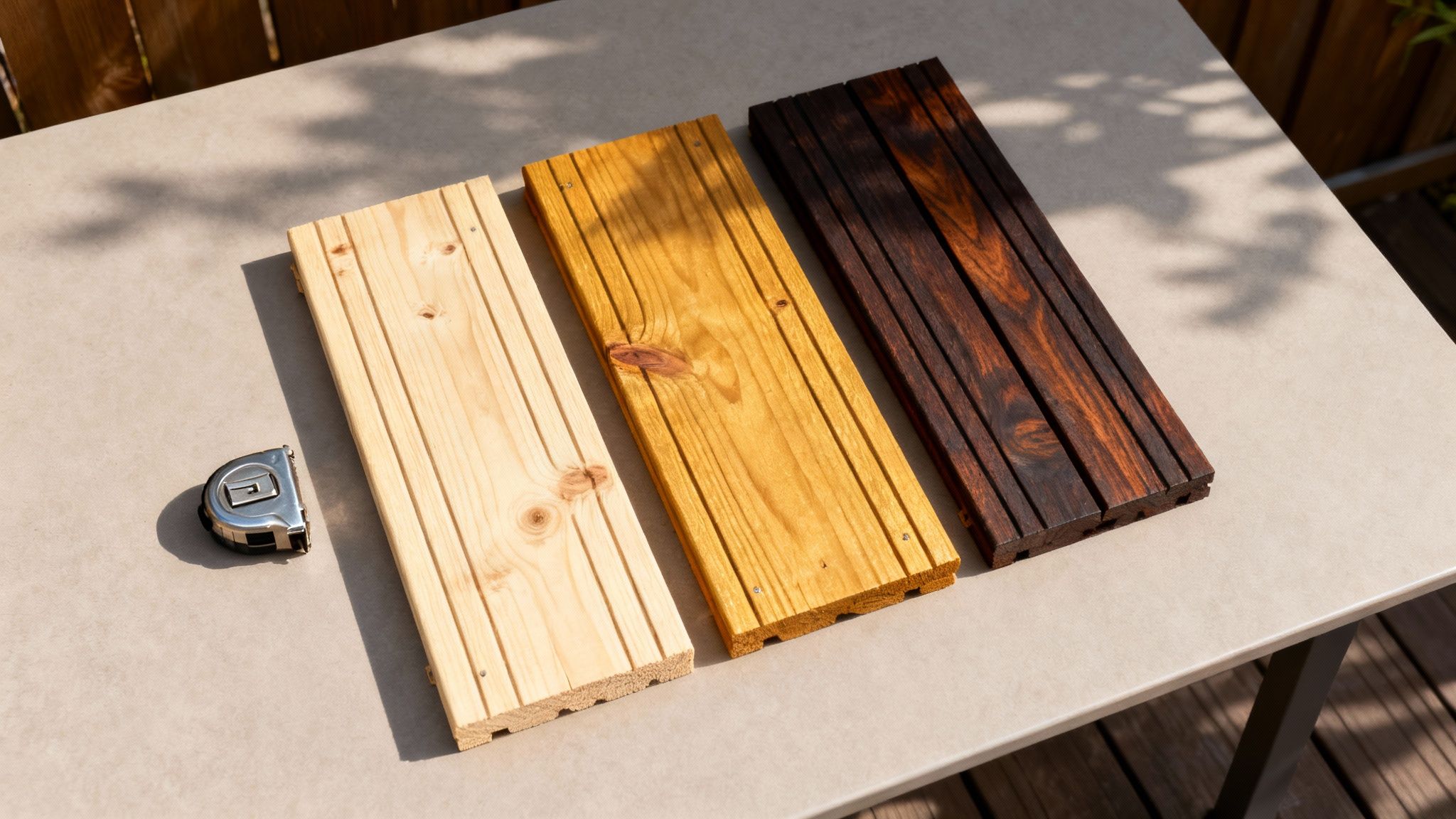 Tre træplanker i forskellige farver og behandlinger med et målebånd, klar til udendørs brug.