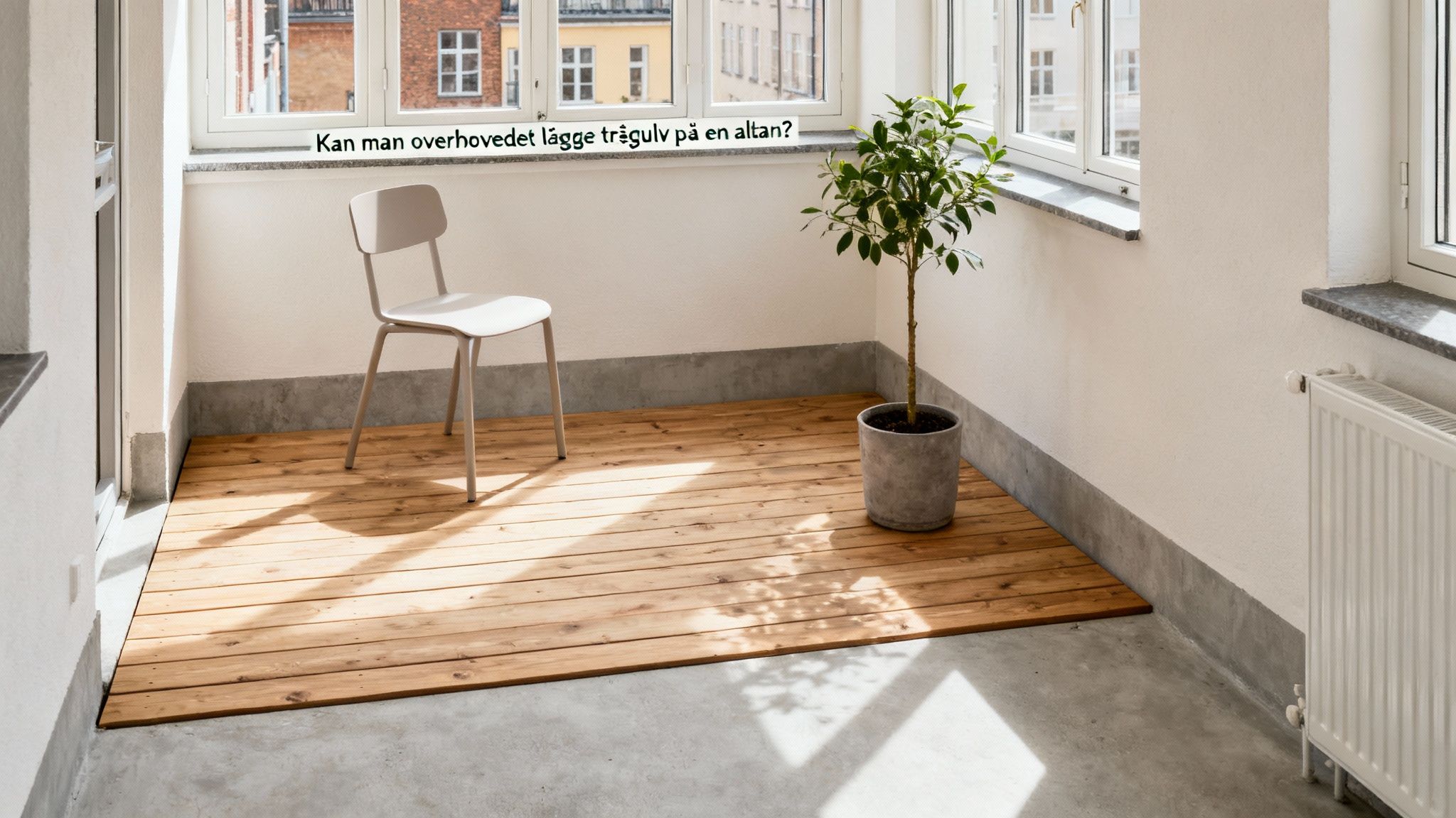 En altan med lyst trægulv, en hvid stol, grøn plante og vinduer med udsigt. Teksten spørger om trægulv på altan.