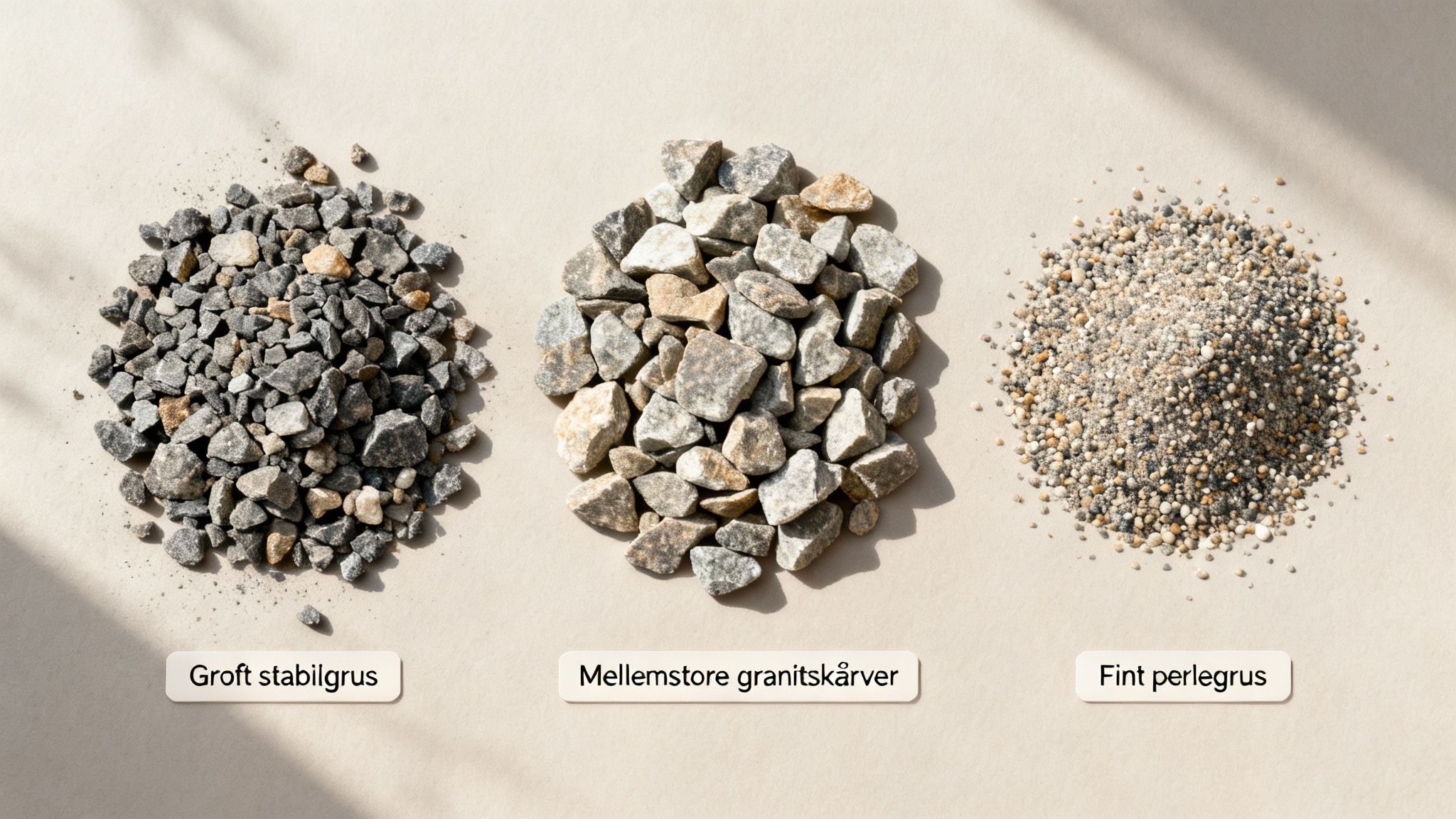 Tre bunker af forskellige typer grus og sten: groft stabilgrus, mellemstore granitskærver og fint perlegrus.