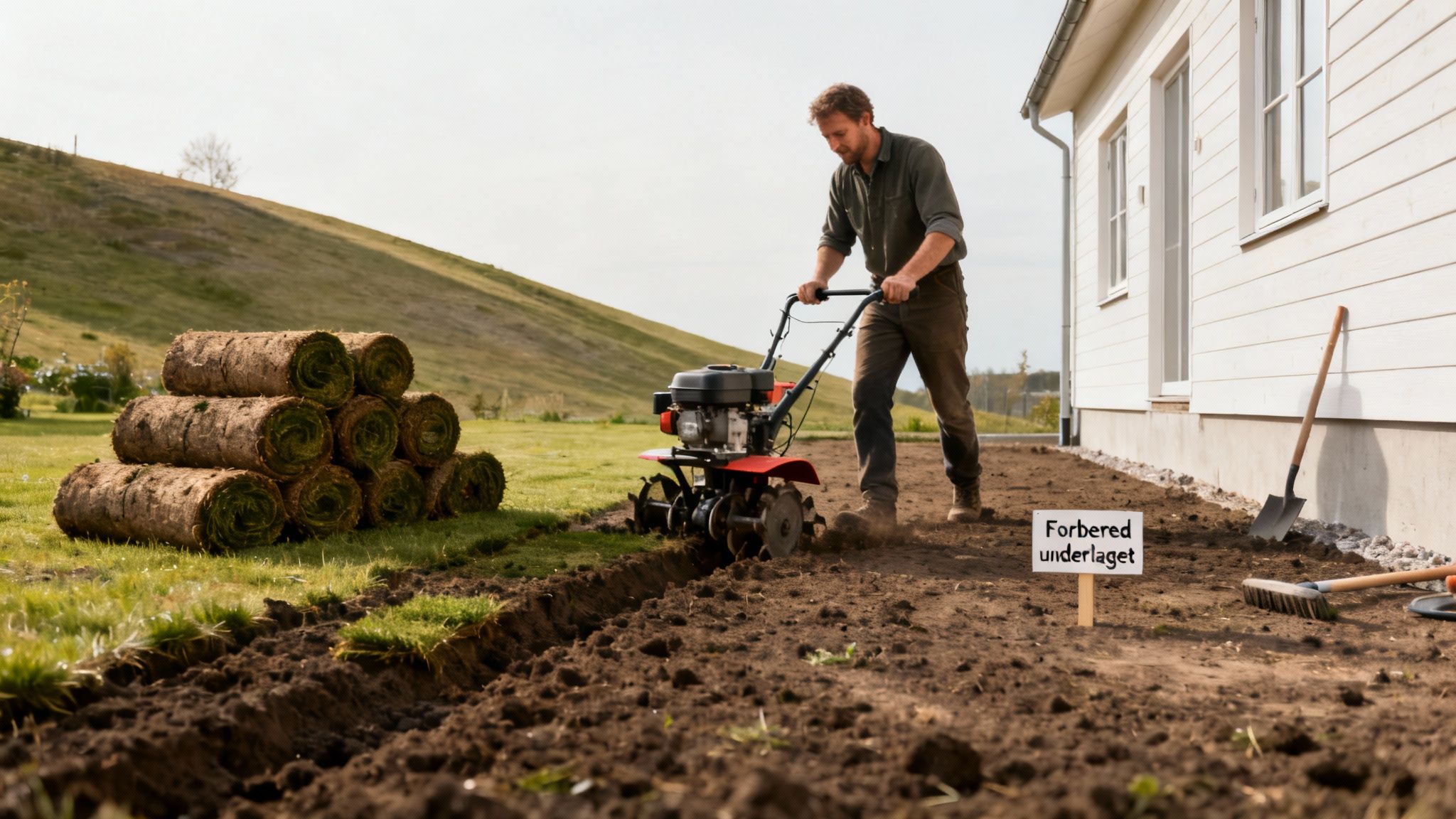 En mand forbereder jorden med en jordfræser, klar til at lægge ny græsplæne med rullegræs ved et hus.