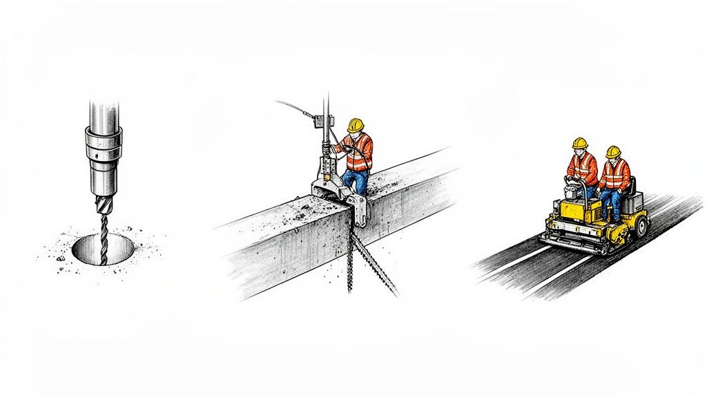 Illustration af tre byggescener: borehul, savning af betonbjælke og vejmarkering.