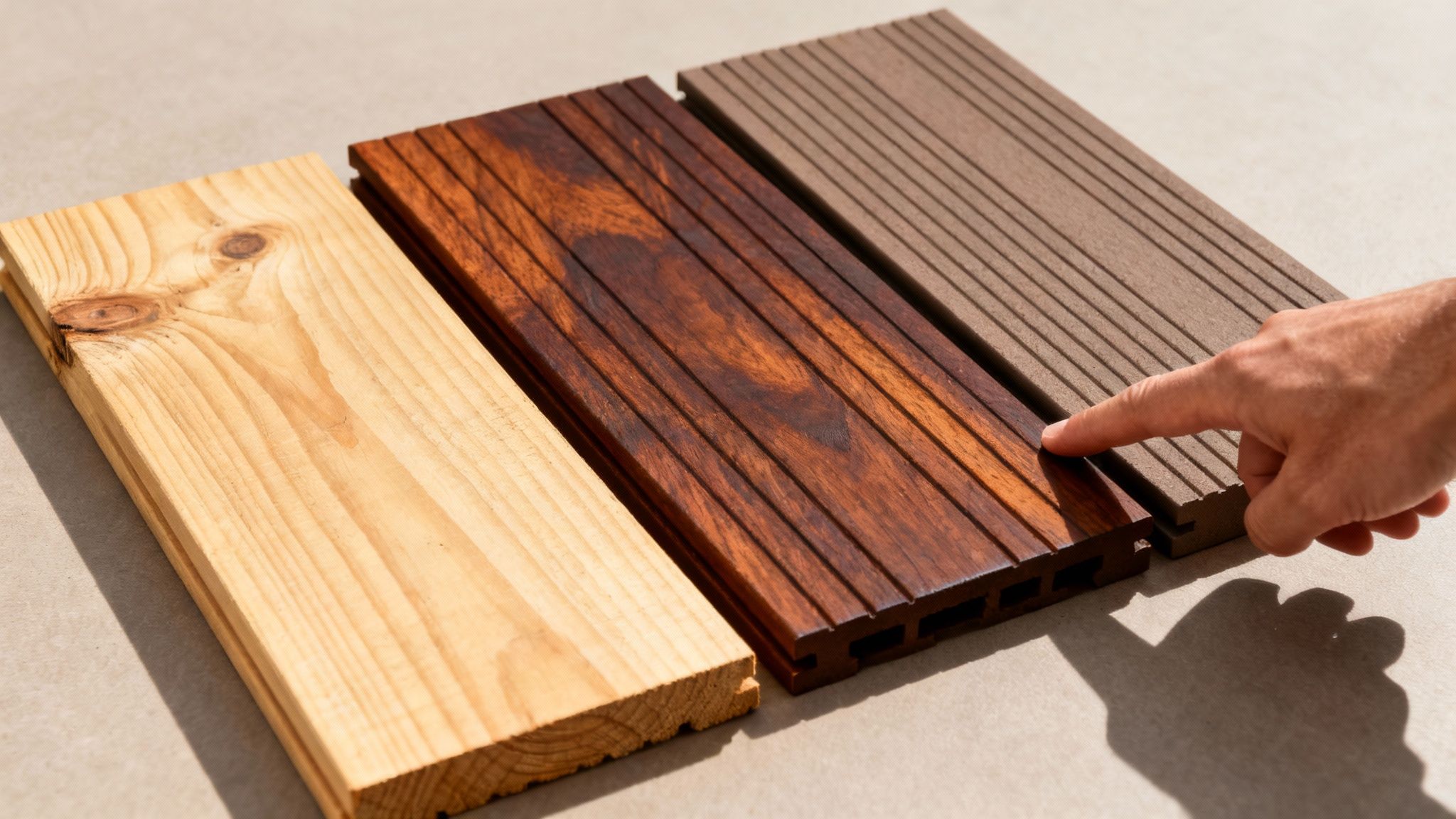 Hånd der peger på forskellige træterrasse prøver i farver fra lys til mørk