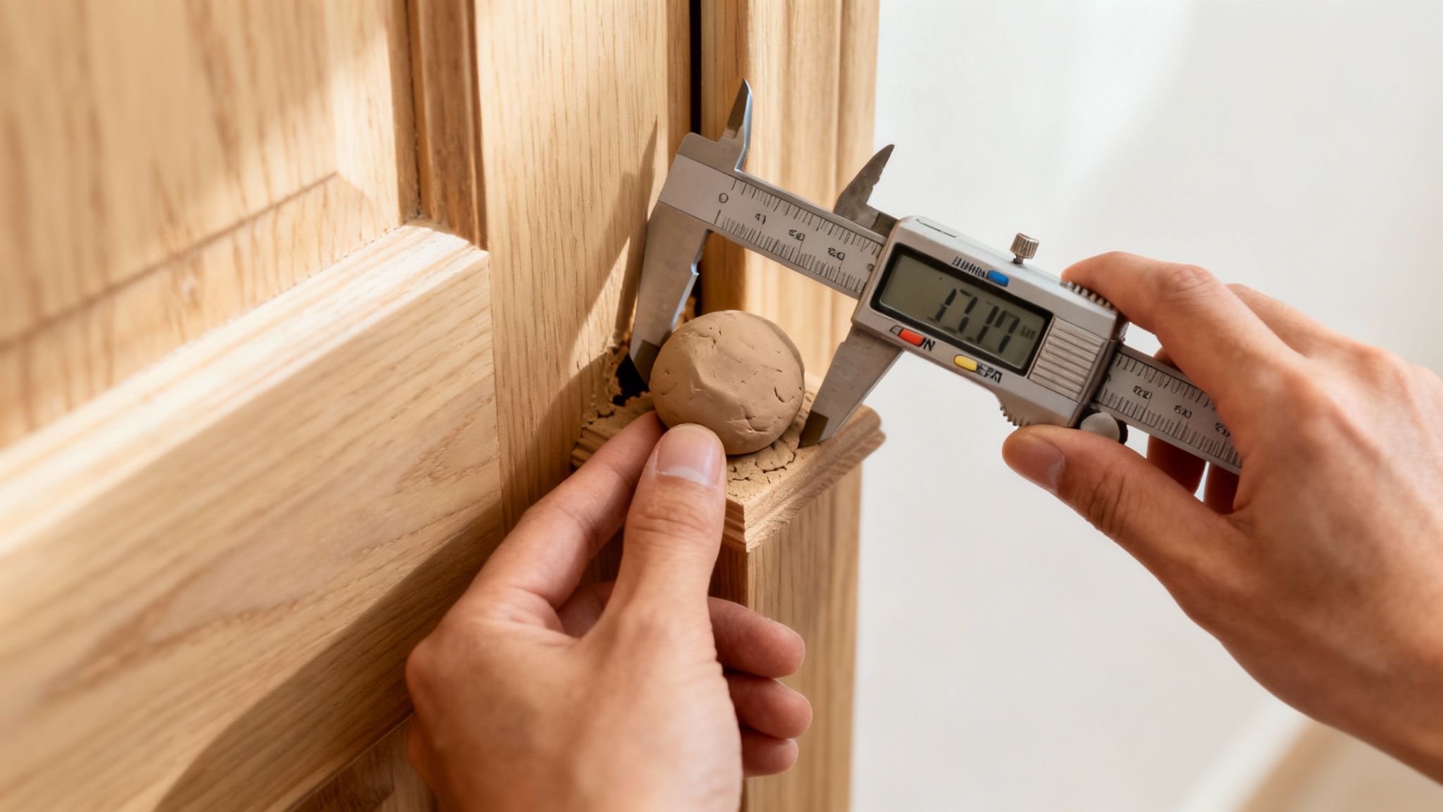 En person måler en kugle ler med en digital skydelære mod en trædørkarm, viser 17.17 på displayet.