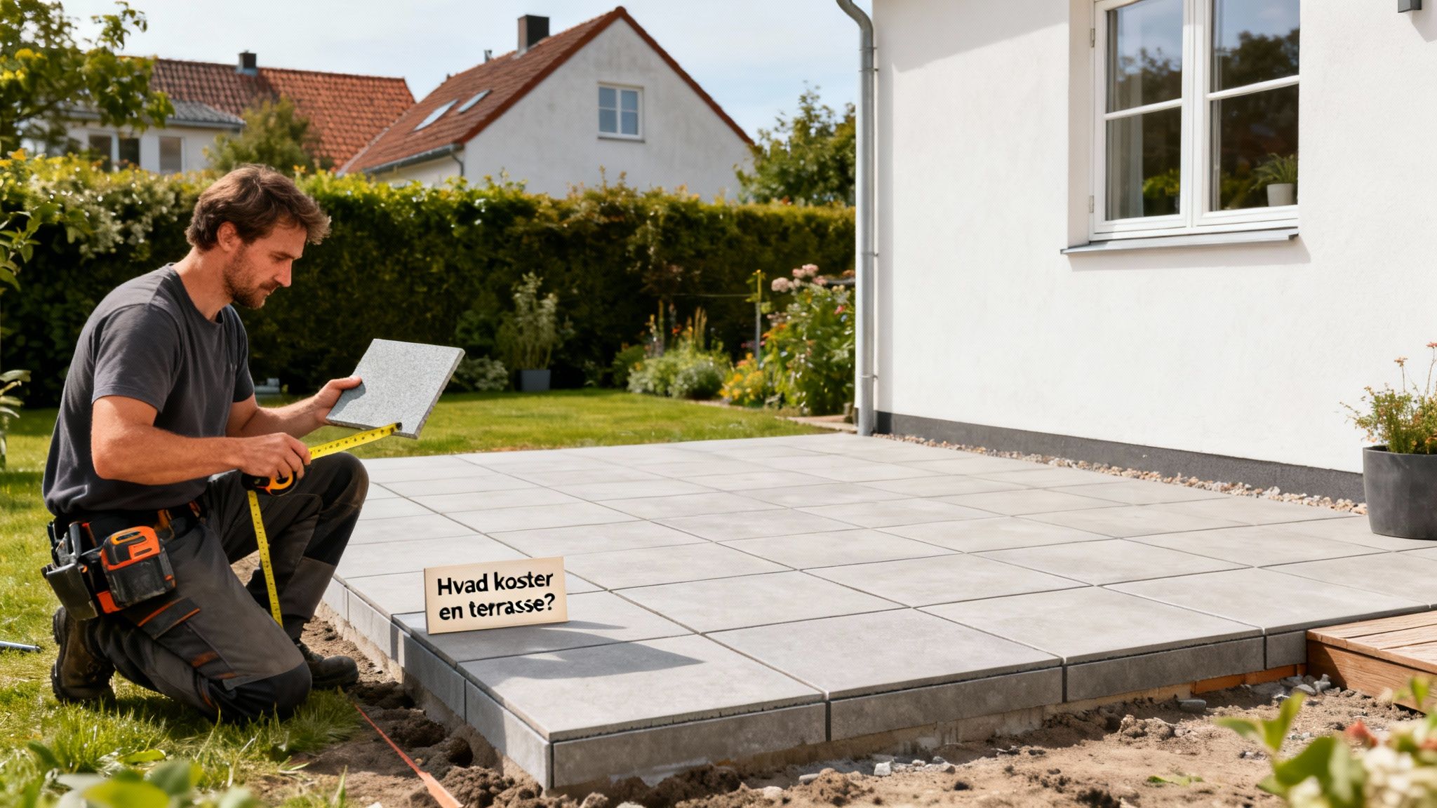 En mand måler en flise til en terrasse under anlæg, med skiltet 'Hvad koster en terrasse?' i forgrunden.