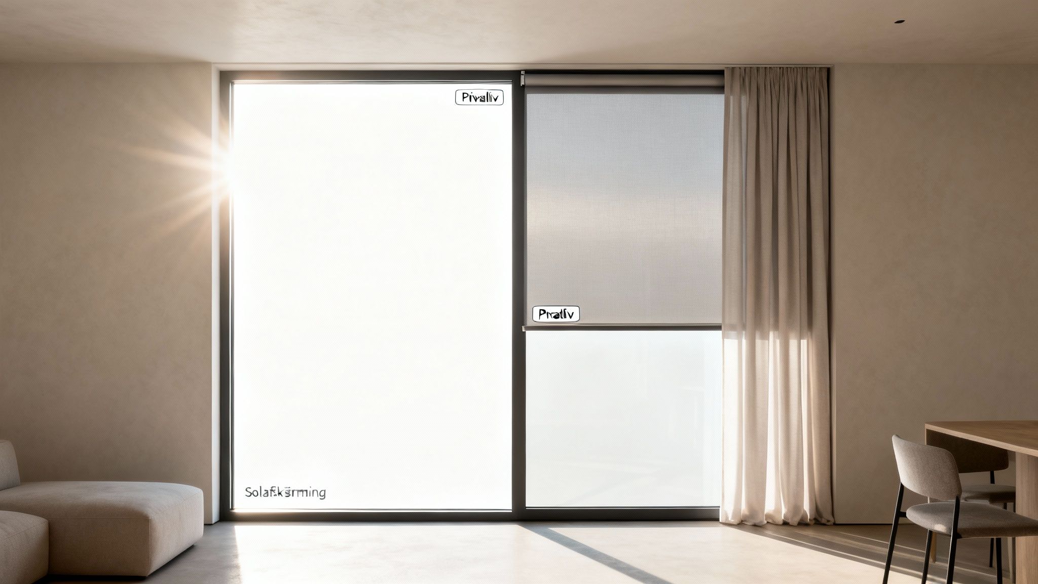 Moderne rum med store gulv-til-loft vinduer, solafskærmning og lyse gardiner. Indfaldende sollys skaber en lys atmosfære.