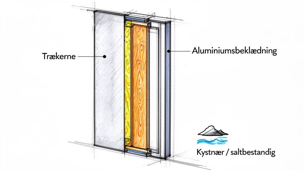 Detaljeret snittegning af en dør med trækerne, isolering og aluminiumsbeklædning, der er kystnær og saltbestandig.