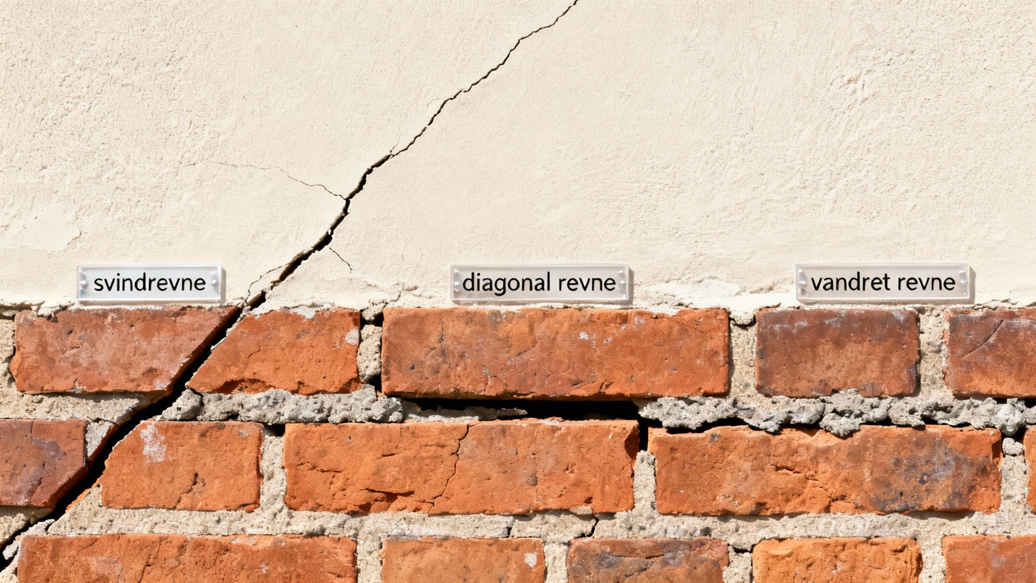 Nærbillede af murværk med revner, der illustrerer en svindrevne, diagonal revne og vandret revne.