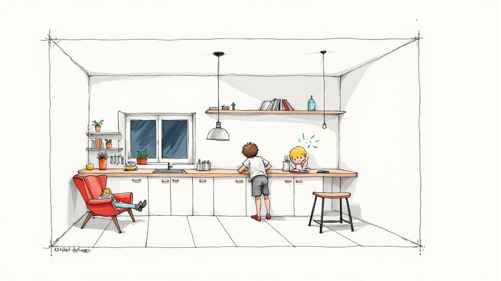Tegning af et køkken med en mand ved bordet, et barn på disken og en person hvilende i en rød lænestol.