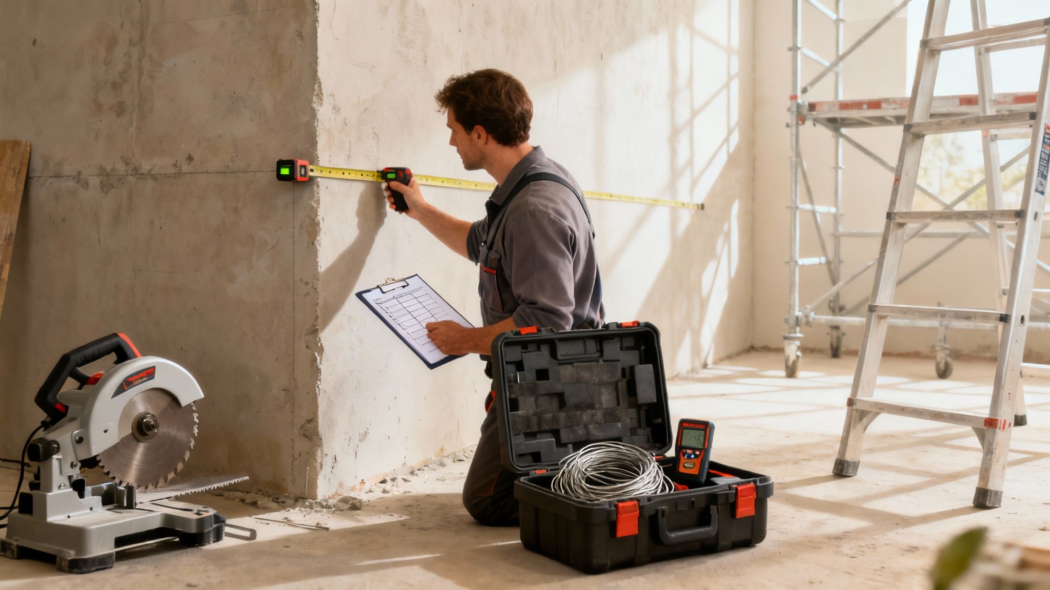 En medarbejder fra Solo Service ApS i færd med at opmåle en betonvæg til en wireskæringsopgave
