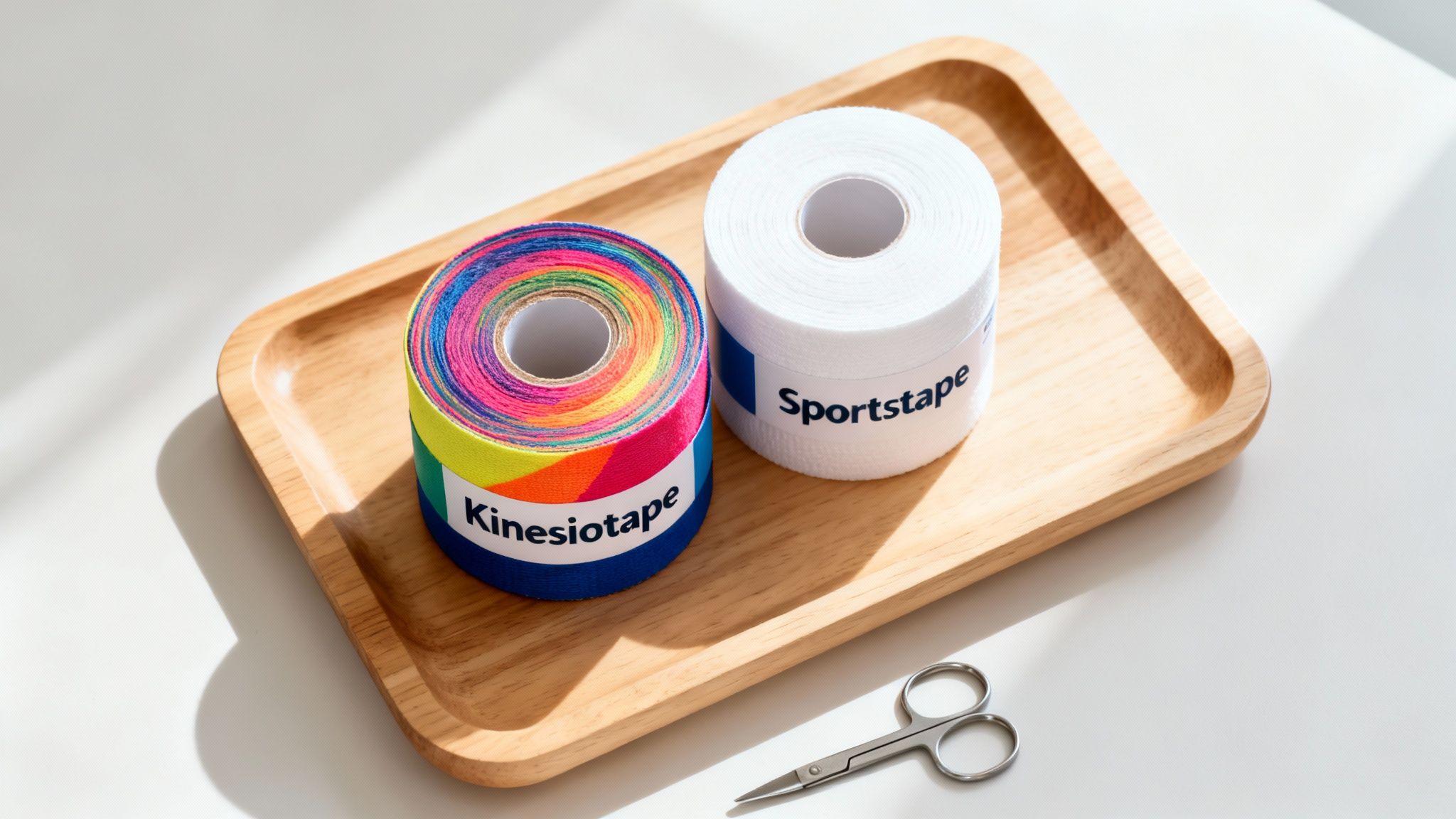 To ruller tape, Kinesiotape i regnbuefarver og hvid Sportstape, på en træbakke med saks.