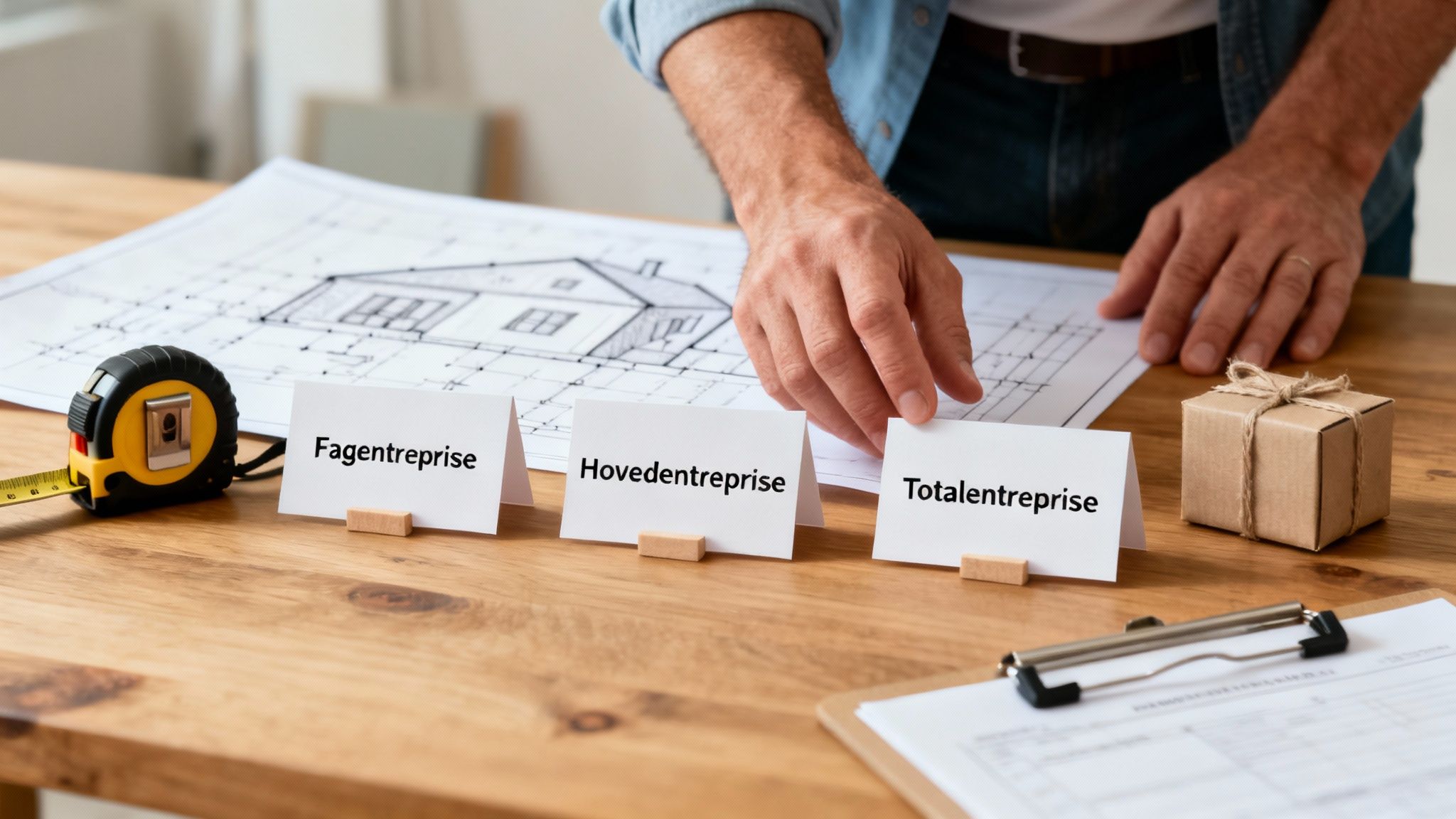 En person kigger på byggeplaner og tre kort mærket Fagentreprise, Hovedentreprise og Totalentreprise, med et målebånd og gave.