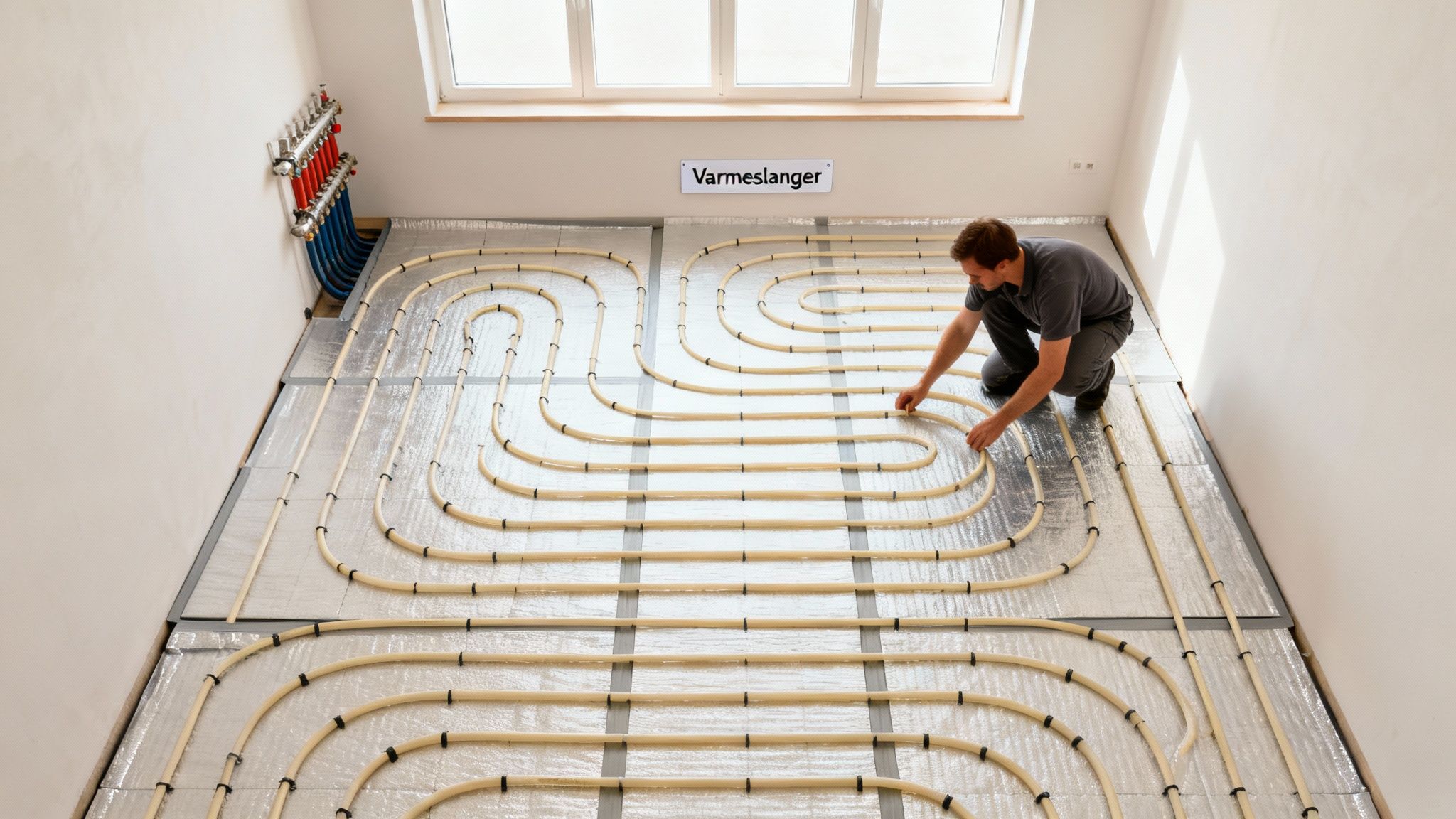 En mand installerer varmeslanger til gulvvarme i et rum med vinduer, klar til ny gulvbelægning.