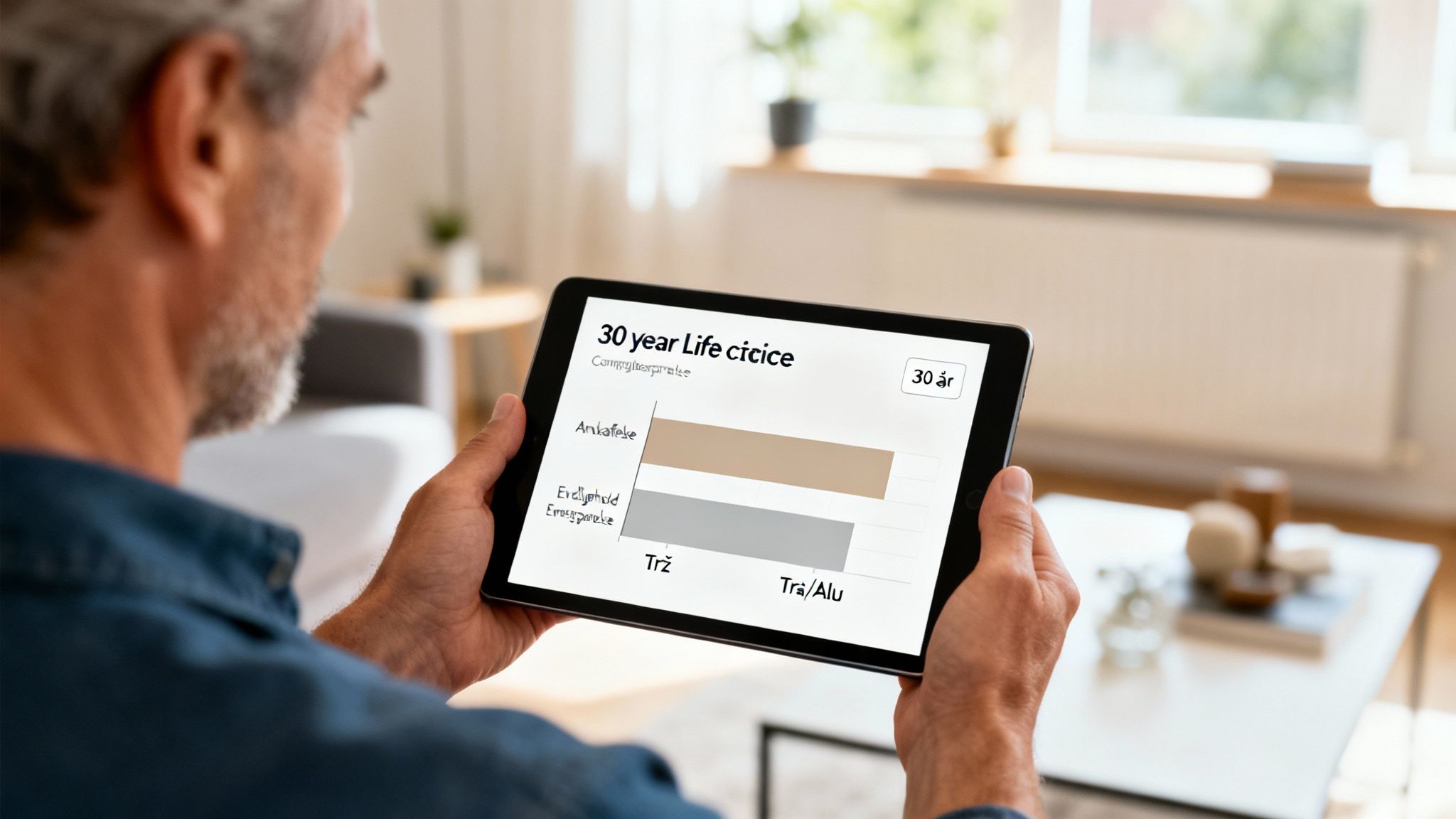 En mand holder en tablet og ser på en graf, der sammenligner materialer over 30 år.