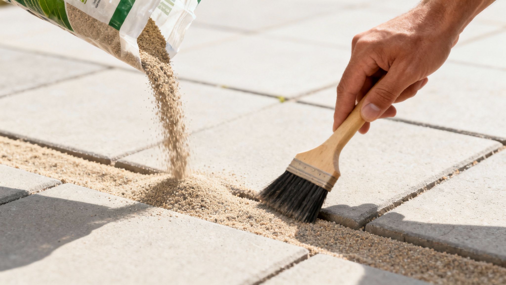 En person fejer ukrudtshæmmende fugesand ned mellem fliserne på en terrasse.