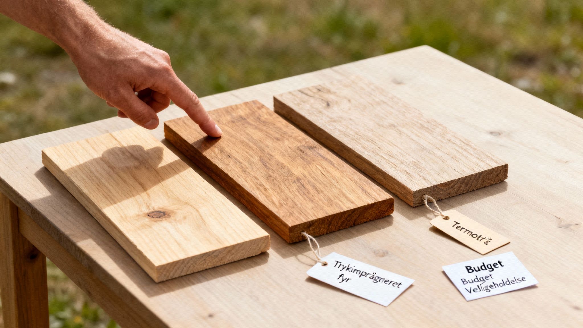 En hånd peger på forskellige træprøver til en træterrasse, med mærkater for typer og vedligeholdelse.