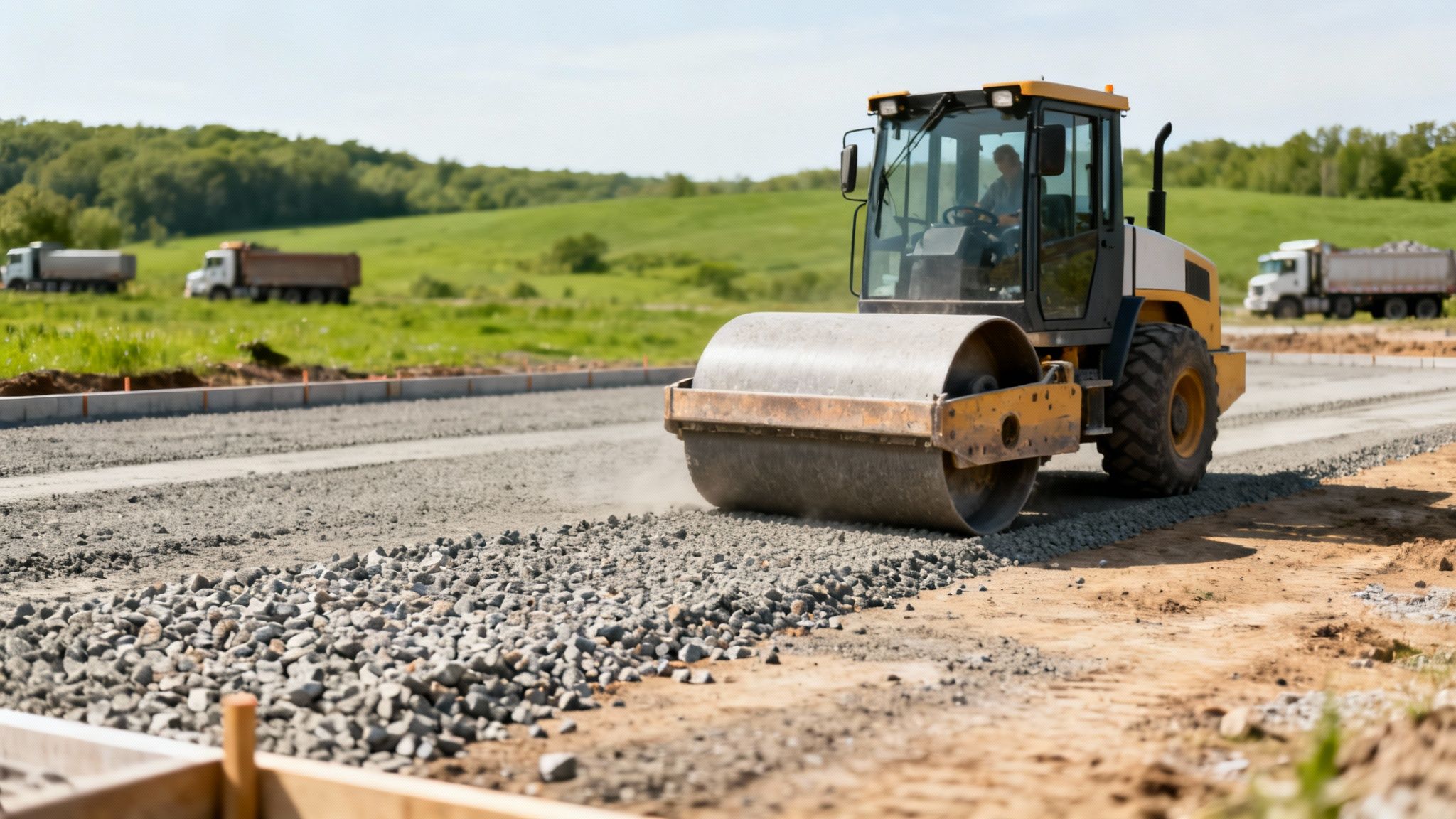 En vejtromle komprimerer grus på en vejbyggeplads med lastbiler og grønne bakker i baggrunden.