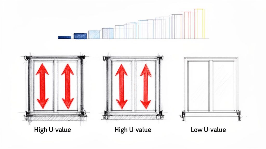 Billedet viser en illustration af U-værdier for vinduer med en høj og lav U-værdi, samt en bar-graf.